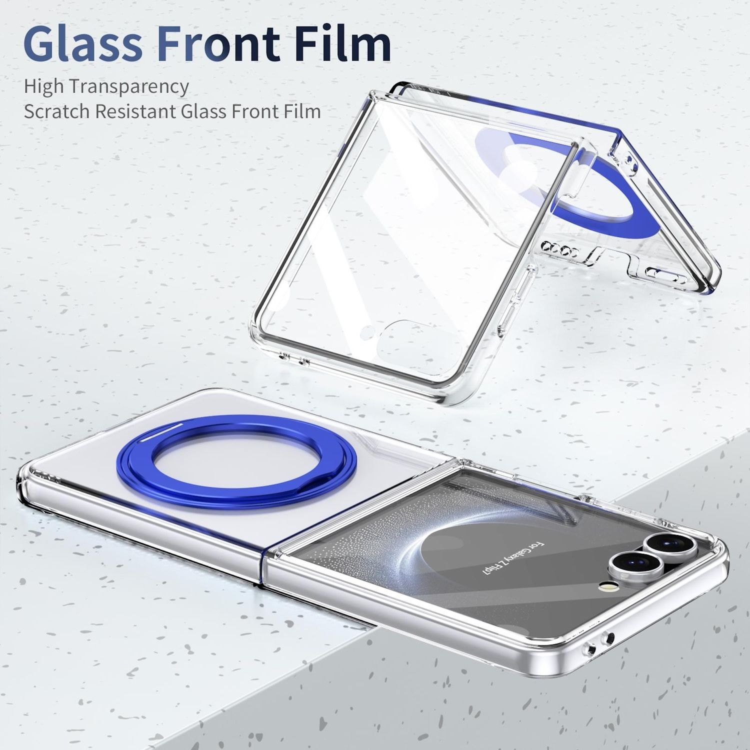 Transparente Handyhülle mit blauem Ring und Text. Die Hülle ist für Galaxy Z Flip7. Sie ist kratzfest und hochtransparent.