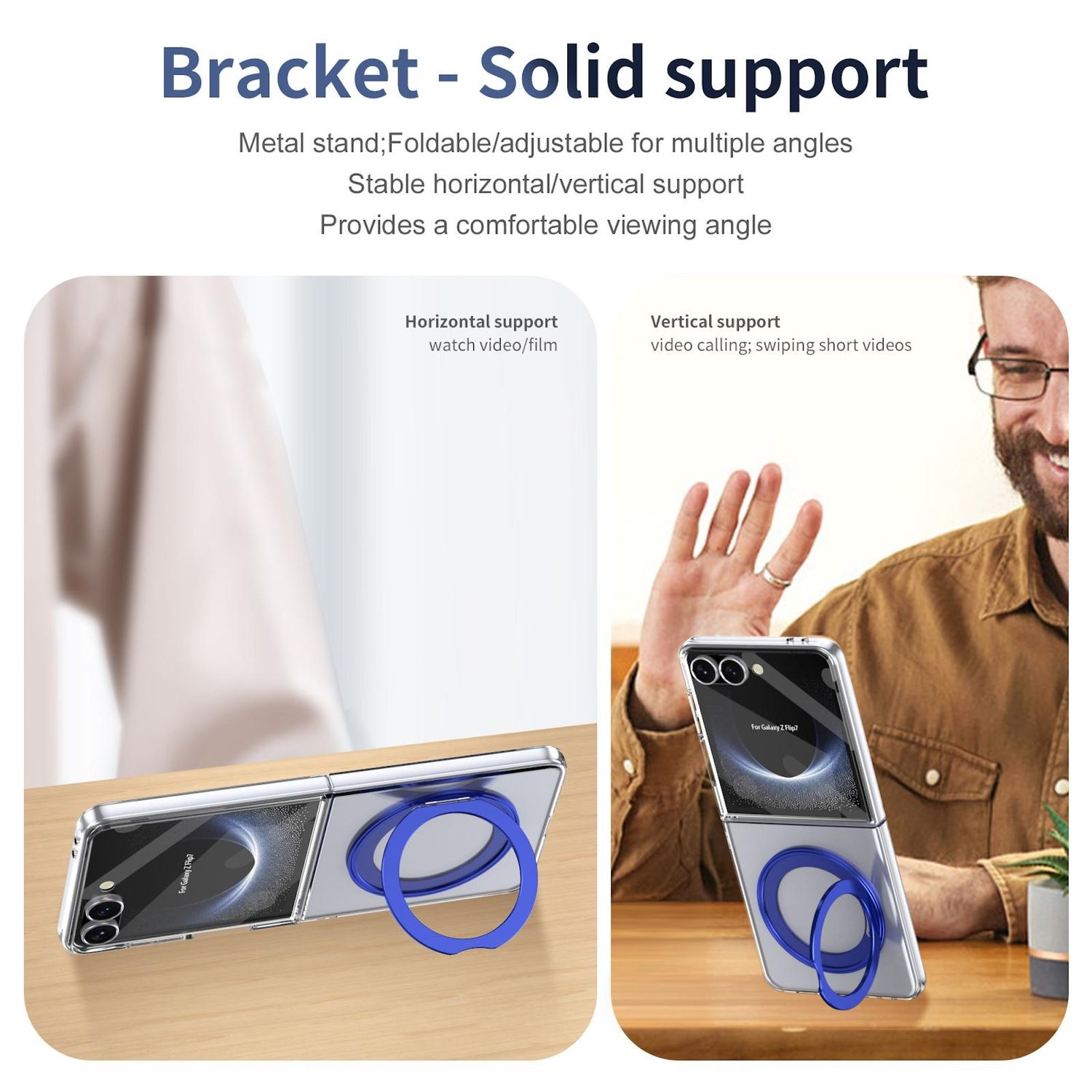 Ein Telefon mit blauem Ringständer, horizontal und vertikal dargestellt, unterstützt von einem Metallständer. Im Hintergrund ein Mann.