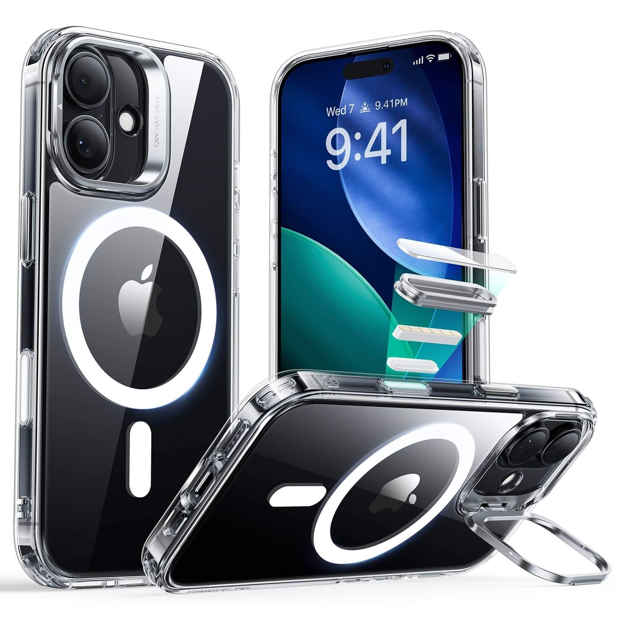 Transparente Handyhüllen mit Handys. Ein Telefon zeigt die Uhrzeit. MagSafe-Ring auf zwei Hüllen sichtbar.