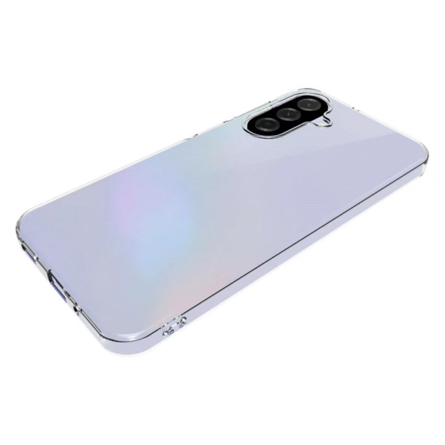 Ein Smartphone in einer durchsichtigen Hülle auf weißem Hintergrund. Das Telefon hat drei Kameralinsen. Die Hülle hat einen silbernen Rand.