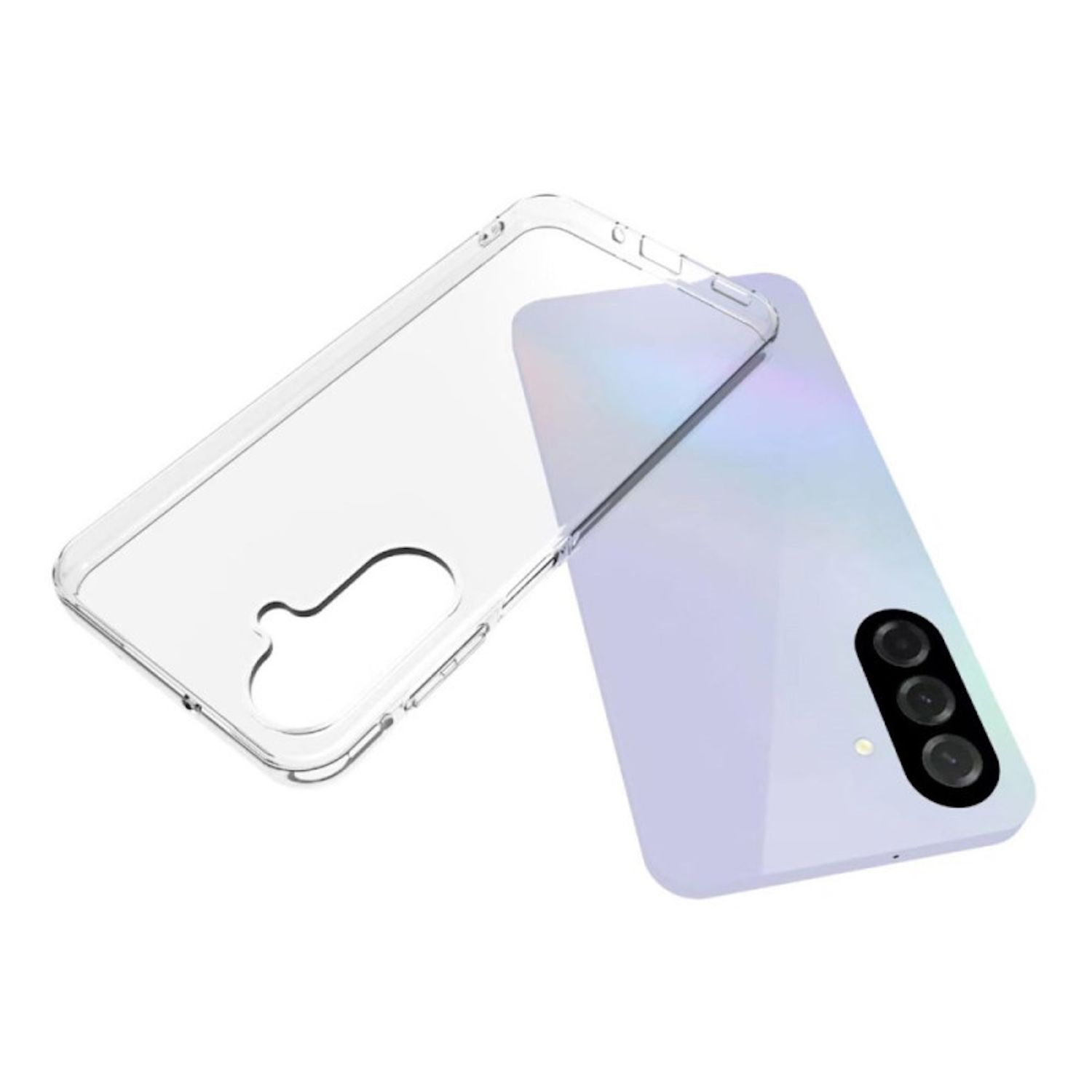 Eine transparente Handyhülle wird über ein hellviolettes Smartphone gelegt. Das Telefon hat drei Kameralinsen auf der Rückseite und ist teilweise bedeckt.