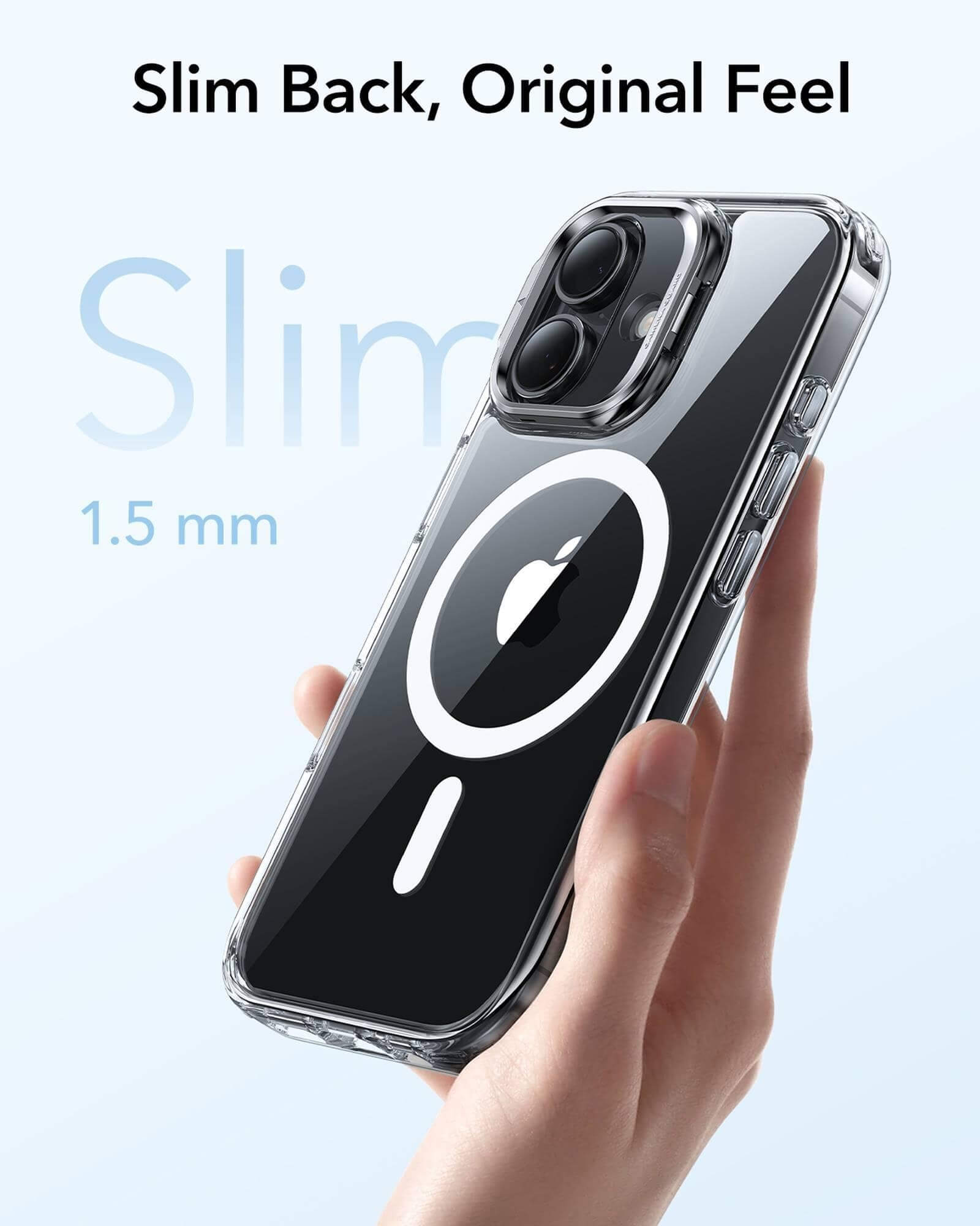 Klar Handyhülle von Hand gehalten, zeigt die Rückseite des Telefons. Es hat ein weißes Apple-Logo und einen Magnetring.
