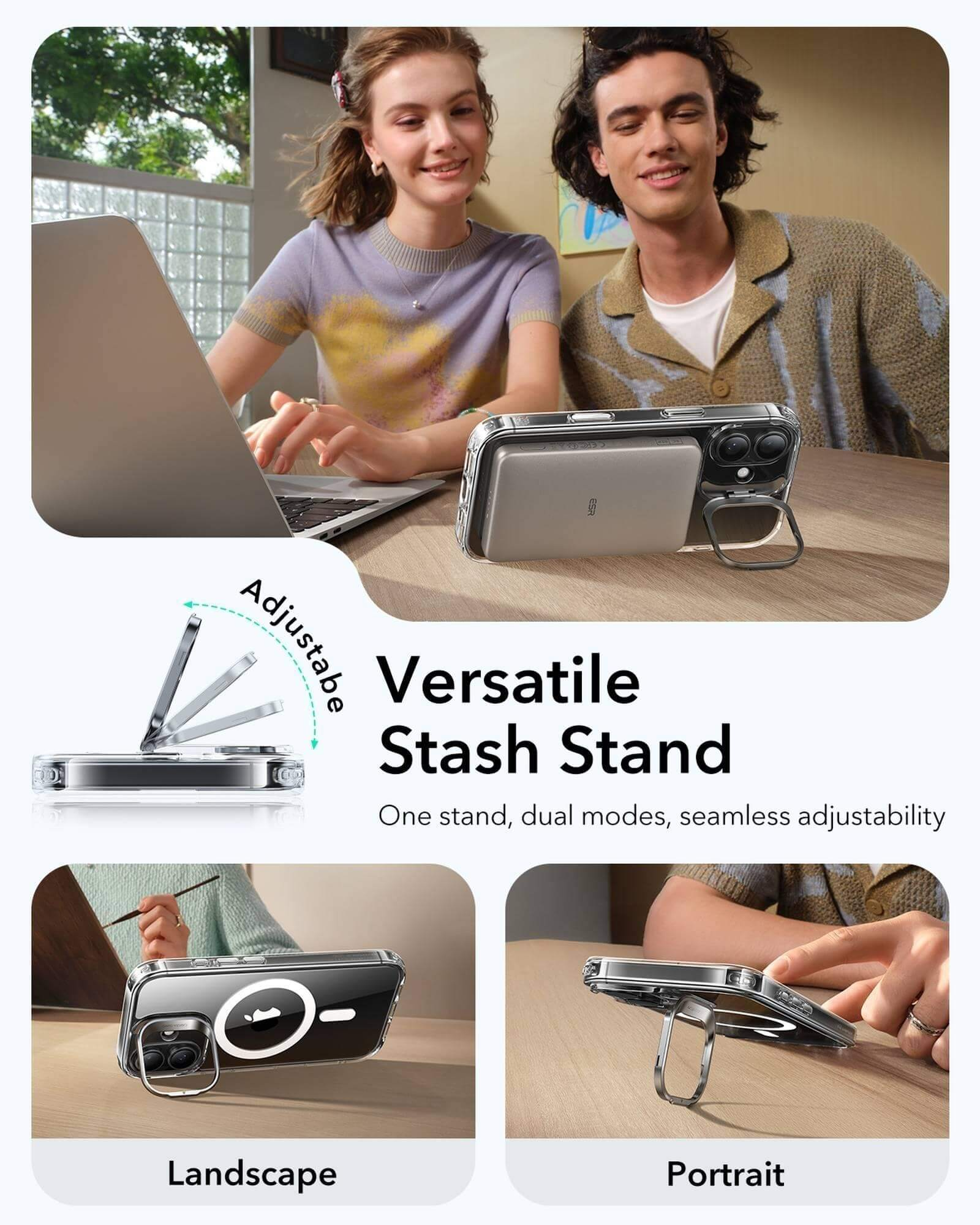 Zwei Personen mit Laptop und Telefonständer. Der Ständer wird in verschiedenen Positionen gezeigt. Text lautet 'Versatile Stash Stand'.