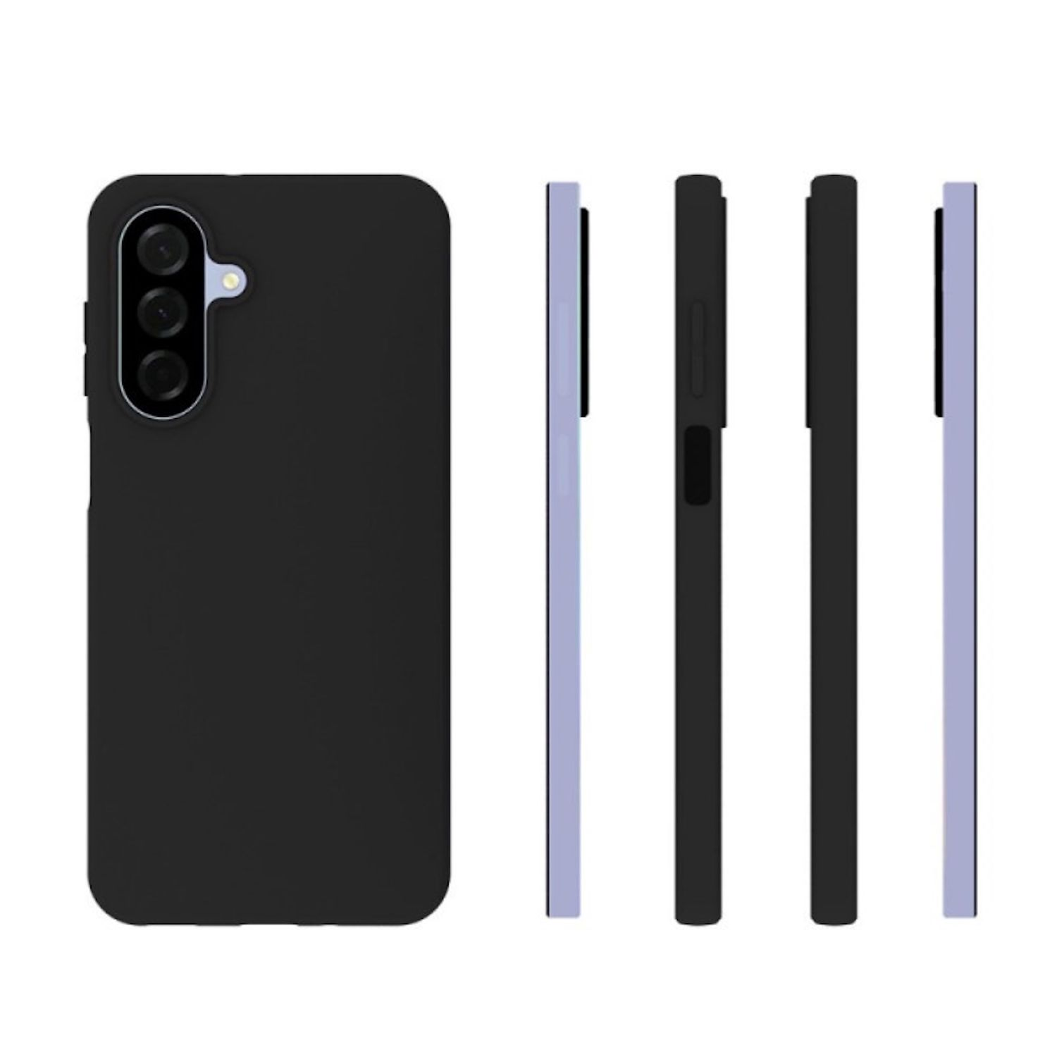 Eine schwarze Telefonhülle mit drei Kameras und einem Blitz wird neben drei schwarzen Telefonkanten und zwei hellvioletten Telefonkanten angezeigt.