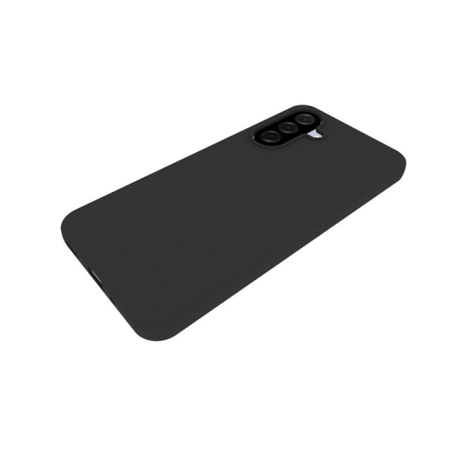 Ein schwarzes Smartphone liegt diagonal. Die Kamera ist oben sichtbar. Der Hintergrund ist weiß.