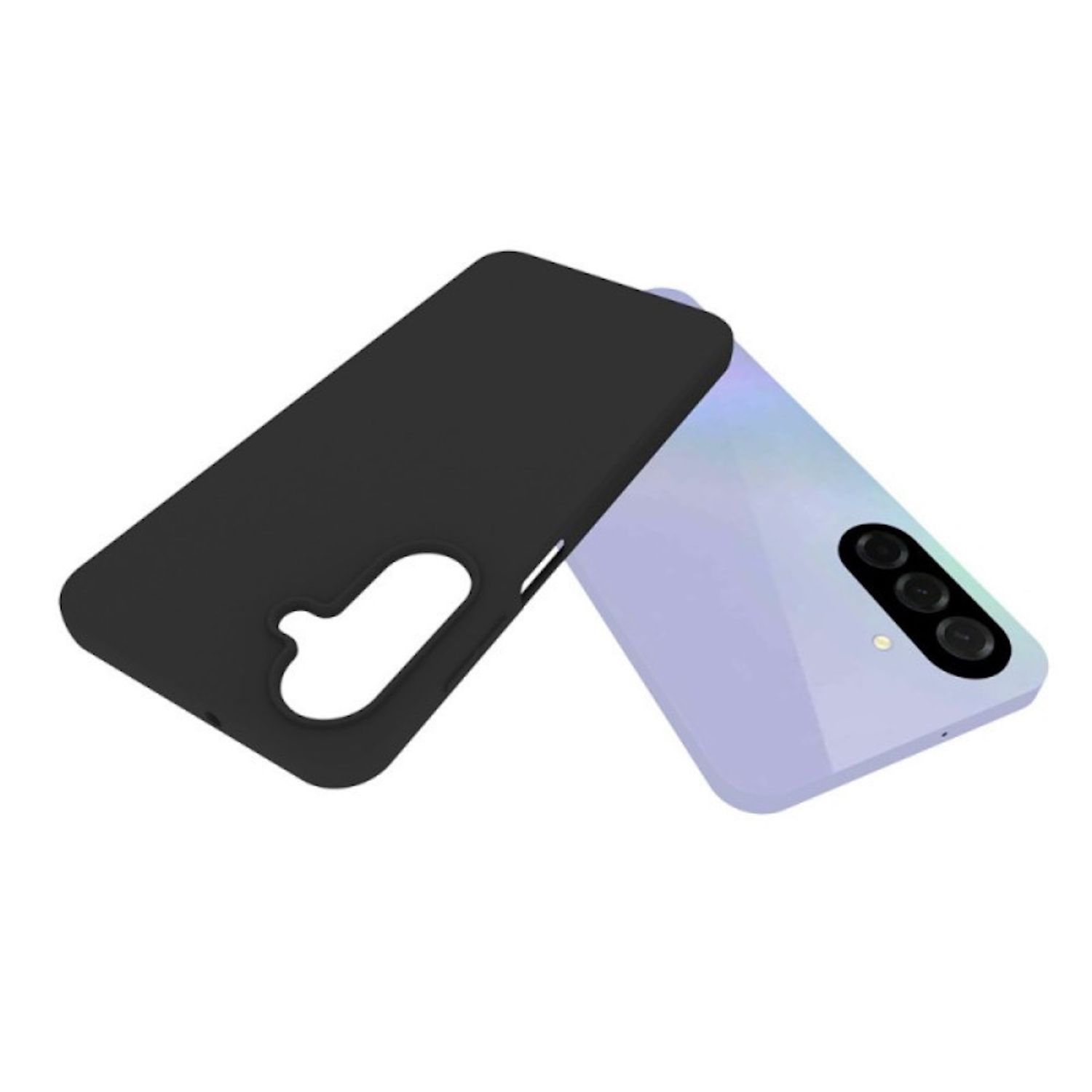 Eine schwarze Handyhülle mit Aussparung liegt über einem hellvioletten Smartphone. Das Telefon hat drei Rückkameras.