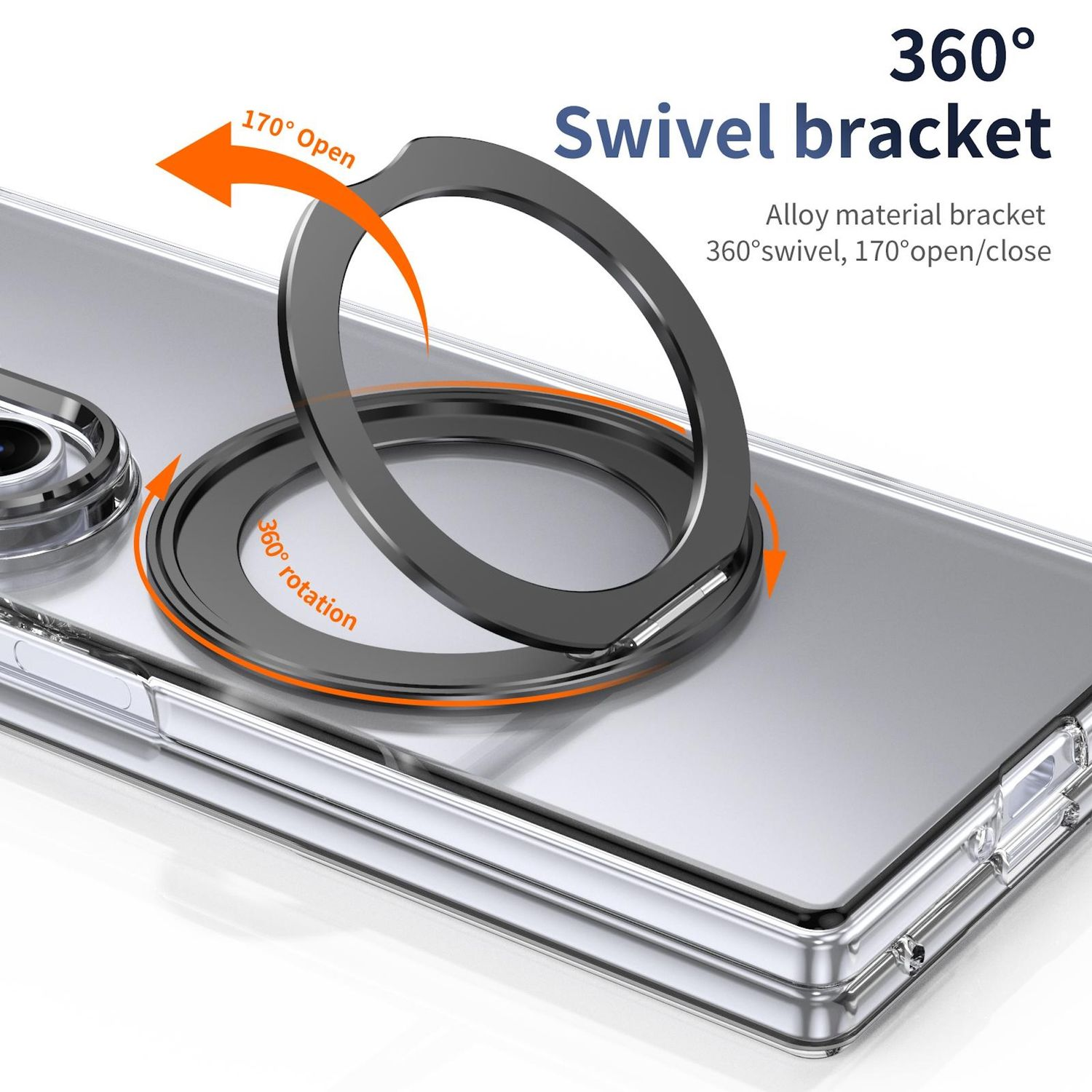Eine Handyhülle mit einem Drehgelenk. Die Halterung ist dunkelgrau und ermöglicht eine 360-Grad-Drehung und 170-Grad-Öffnung.