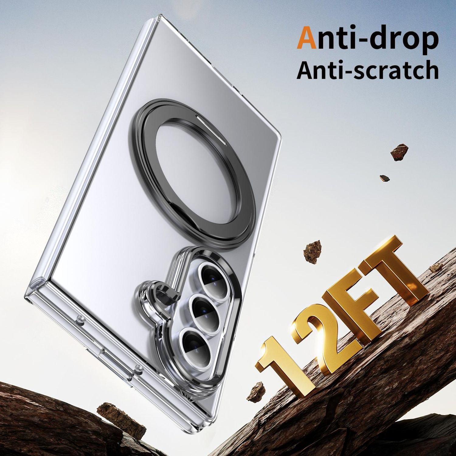 Transparente Handyhülle mit Ringhalterung. Anti-Drop, Anti-Kratzer. 12FT goldener Text auf Holz.