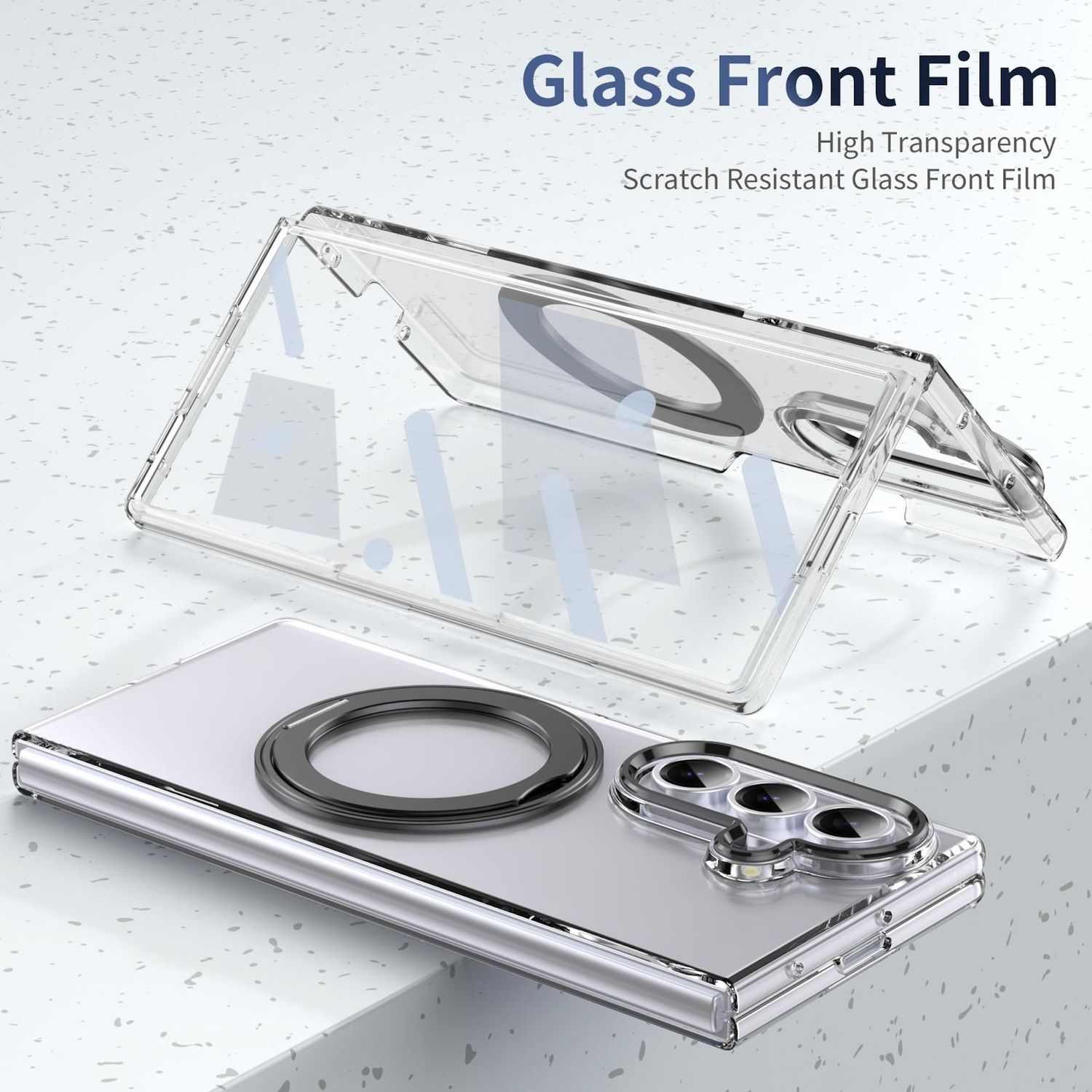 Eine transparente Glasfrontfolie, in zwei Teilen, wird auf einer weißen Oberfläche gezeigt. Die Folie ist mit 'Glass Front Film' beschriftet.