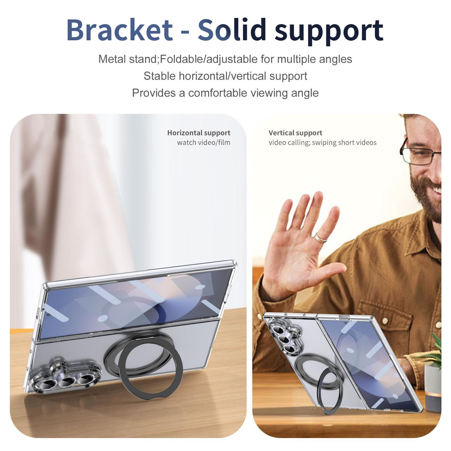 Das Bild zeigt ein Telefon mit einem Ringhalter. Text sagt "Bracket-Solid support". Mann winkt. Telefon für die Betrachtung abgewinkelt.