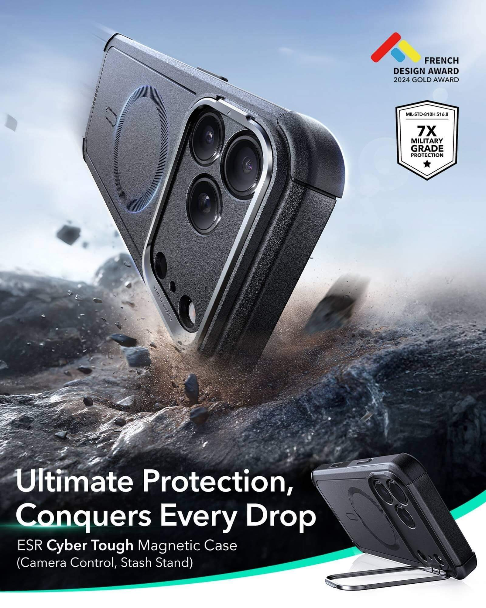 Schwarze Handyhülle fällt auf Felsen. Zu den Merkmalen gehören eine Kamera, ein Metallrahmen und der Text 'Ultimate Protection, Conquers Every Drop'.