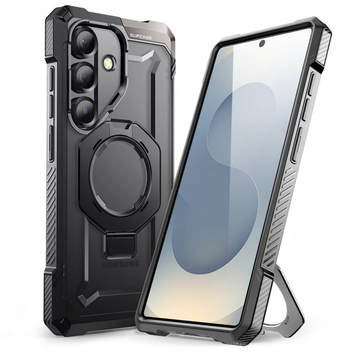 Due custodie nere per telefono. Una mostra il retro con lenti della fotocamera e un anello. L'altra mostra lo schermo con supporto.