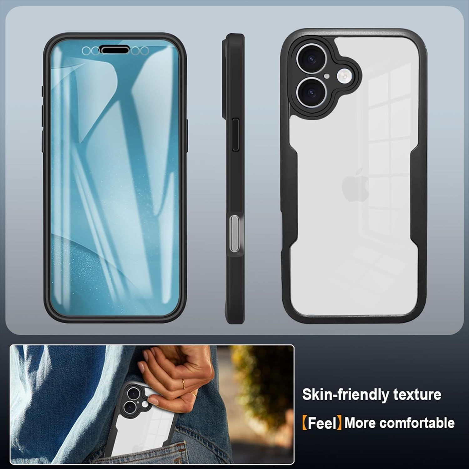 Drei Ansichten einer Handyhülle: vorne, Seite und hinten. Eine Hand hält das Telefon in einer Tasche, mit Text 'Hautfreundliche Textur'.