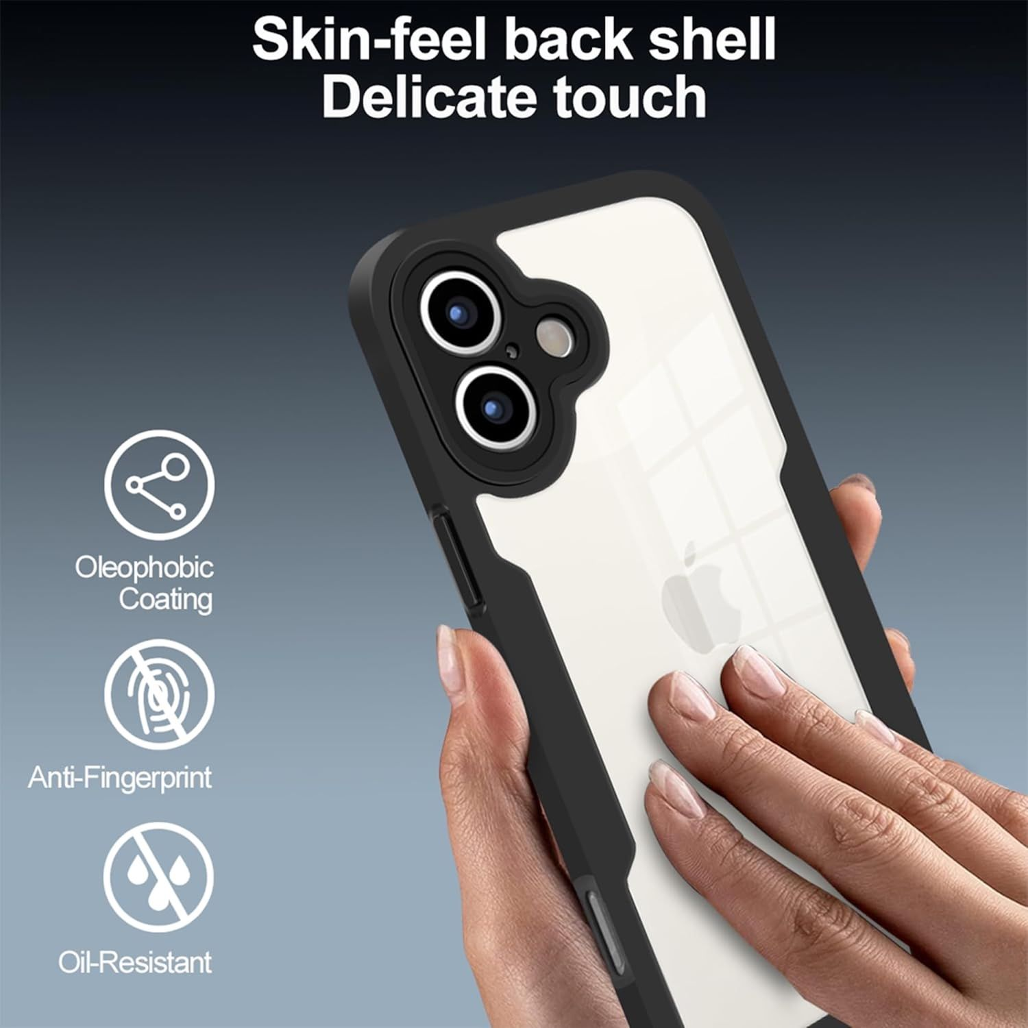 Eine Hand hält eine Handyhülle. Die Hülle ist schwarz mit einem transparenten Rücken, der das Apple-Logo zeigt. Der Text lautet 'Skin-Feel' und 'Delicate Touch'.