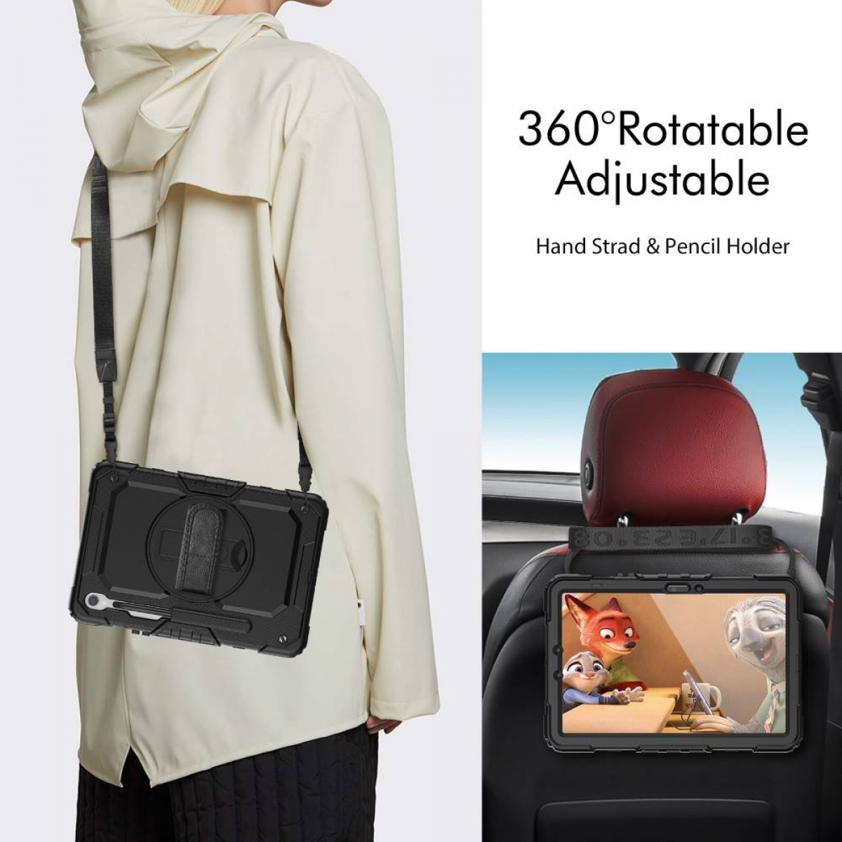 Eine Person mit beiger Jacke hat eine schwarze Tablet-Hülle mit Riemen. Das Tablet ist an einem Autositz befestigt. Text: 360° drehbar einstellbar.
