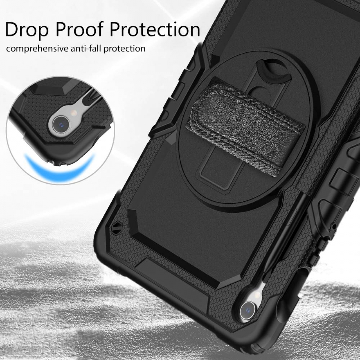 Schwarze Tablethülle mit Fallschutz. Mit Handschlaufe und Ständer. Text: Drop Proof Protection, umfassender Fallschutz.