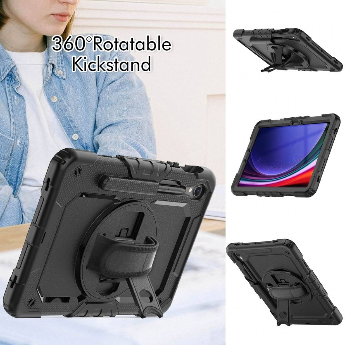 Eine schwarze Tablet-Hülle mit einem um 360 Grad drehbaren Ständer. Eine Person hält sie. Zusätzliche Ansichten der Hülle sind ebenfalls abgebildet.