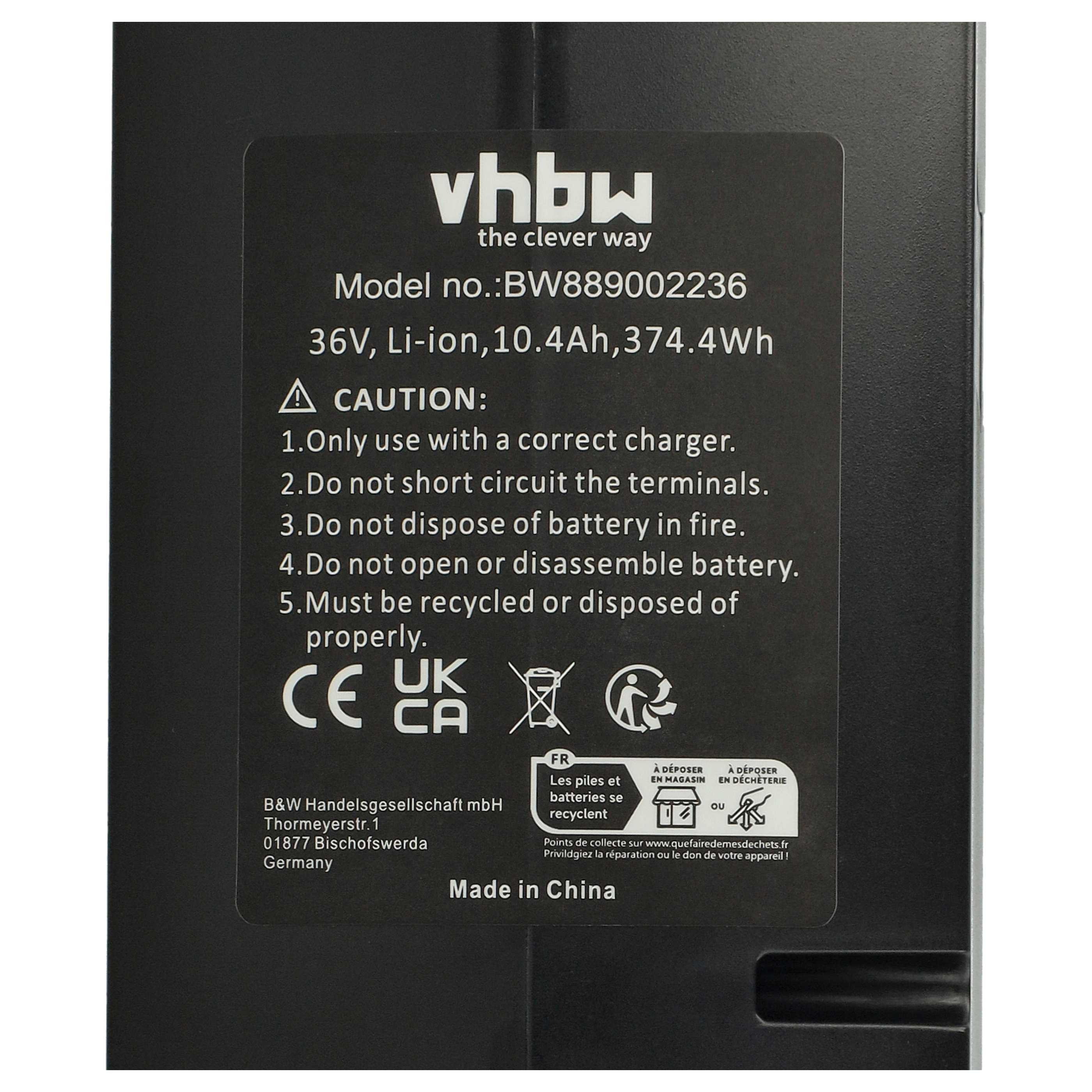 Schwarzes Batterieetikett mit weißem Text, einschließlich Markenname, Modell, Spannung und Warnungen. Hergestellt in China.