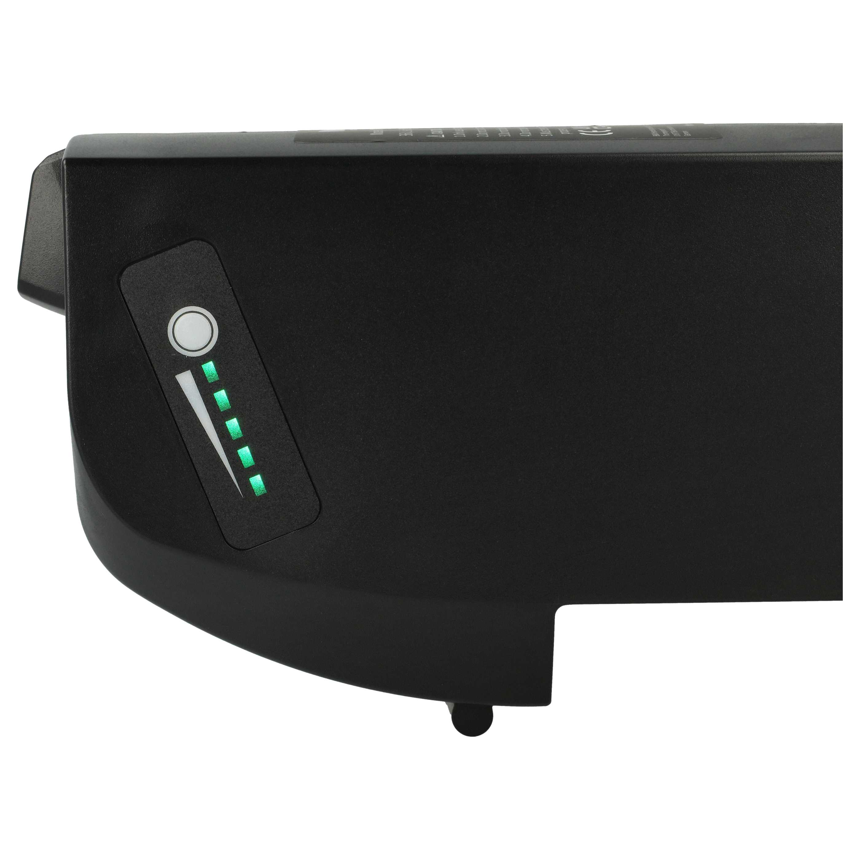 Schwarzer Akku mit Knopf und grünen Batteriestandsanzeigen. Weißer Hintergrund.
