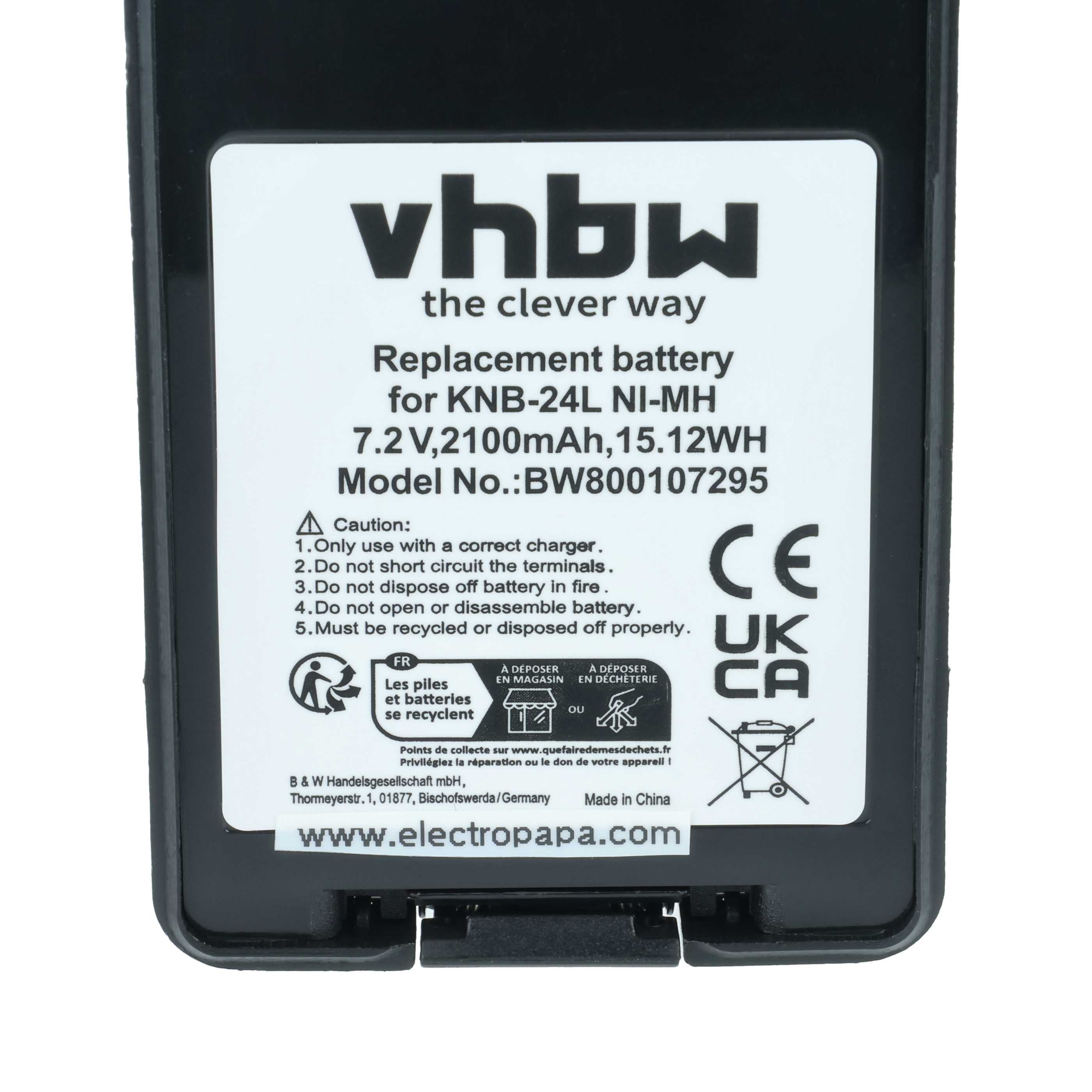 Schwarzer Akku mit weißem Etikett. Text enthält: vhbw, Ersatzbatterie, Modellnummer, Sicherheitshinweise, Recyclingsymbole.