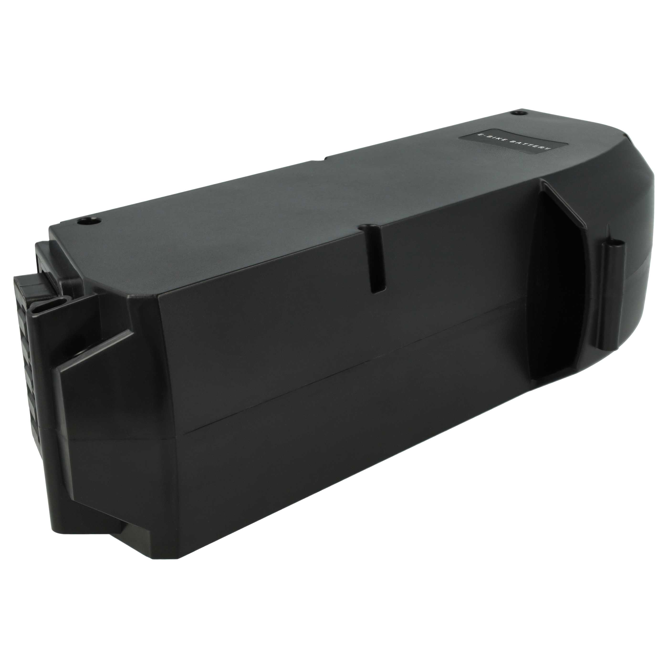 Ein schwarzer E-Bike-Akku mit rechteckiger Form. Er hat abgerundete Ecken und die Aufschrift 'E-BIKE BATTERY'.