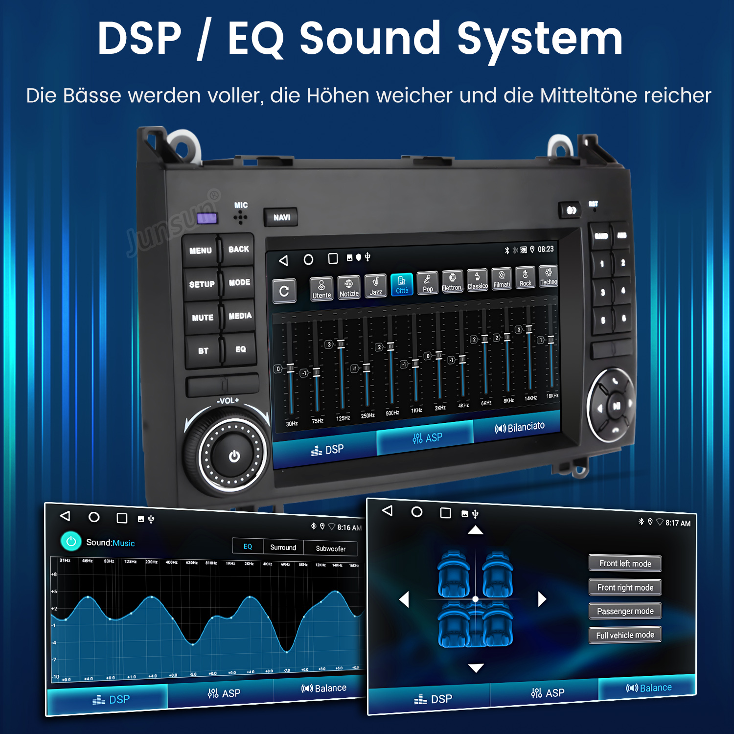 Auto-Audiosystem mit Equalizer-Steuerung. Zeigt EQ-, Surround- und Subwoofer-Einstellungen. Zeigt den Innenraum des Autos.