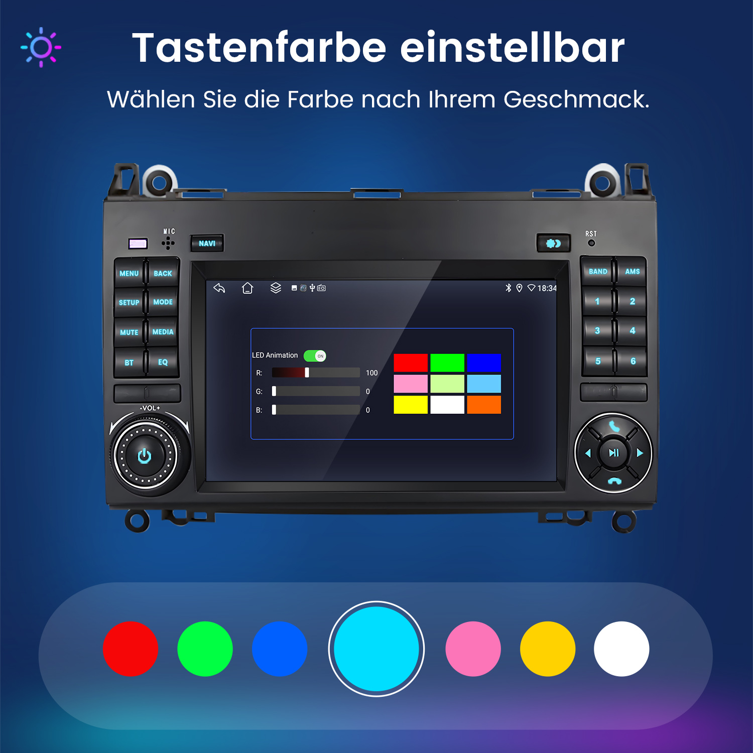Autoradio mit Touchscreen-Display. Zeigt Farboptionen für die Tasten. Text: Tastenfarbe einstellbar.