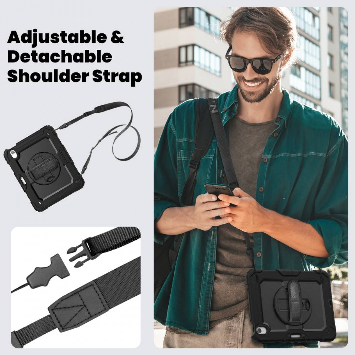 Ein Mann mit Sonnenbrille hält ein Telefon. Er trägt ein grünes Hemd mit einem schwarzen Riemen über der Brust. Eine Tablet-Hülle mit Riemen ist abgebildet.