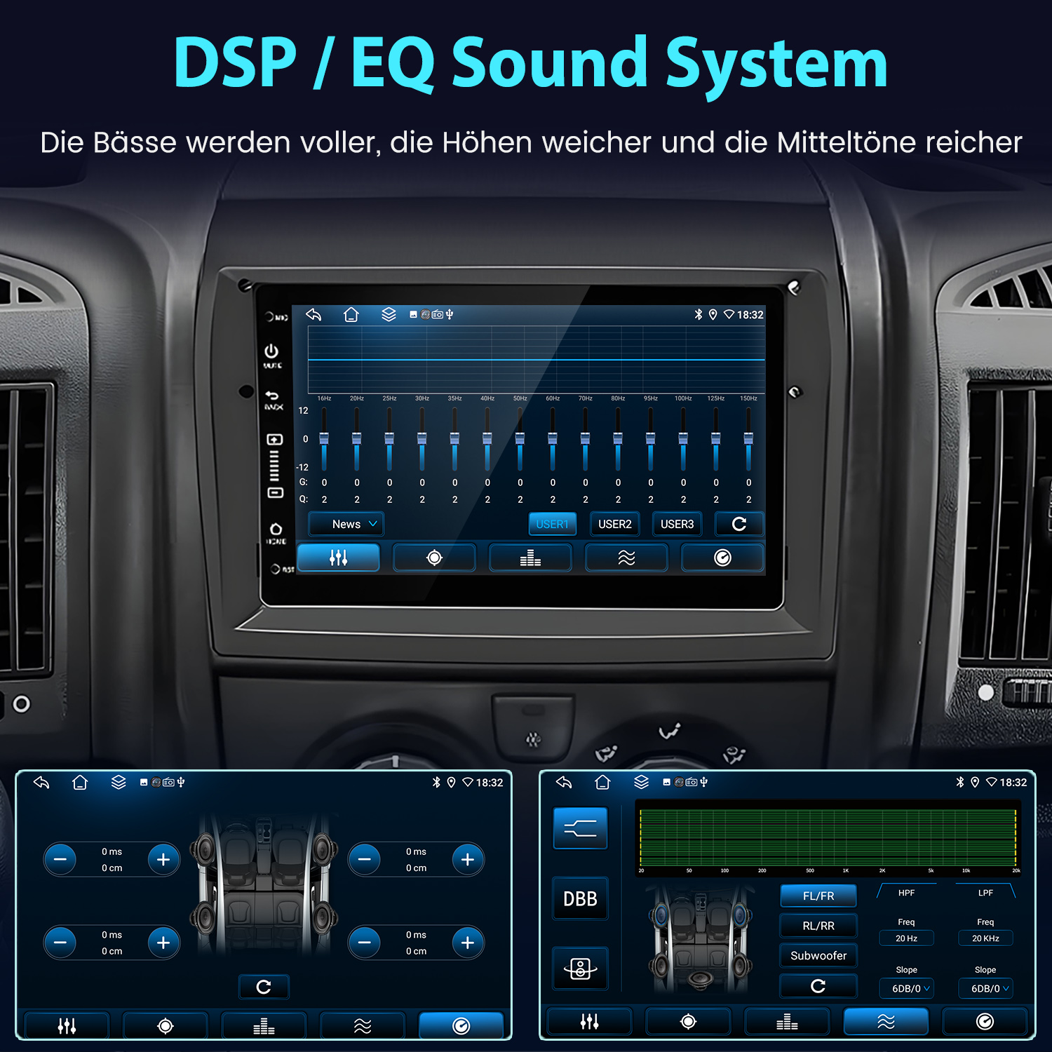Autoradio-Bildschirm mit EQ-Einstellungen. Enthält Frequenzeinstellungen, Lautsprechereinrichtung und Soundoptionen. Der Bildschirm ist im Auto.
