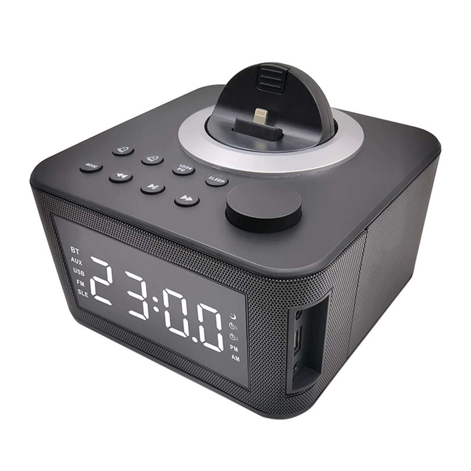 Schwarzer Digitalwecker mit Dockingstation oben. Die Uhrzeit zeigt 23:00 an. Oben befinden sich Knöpfe und seitlich ein USB-Anschluss.