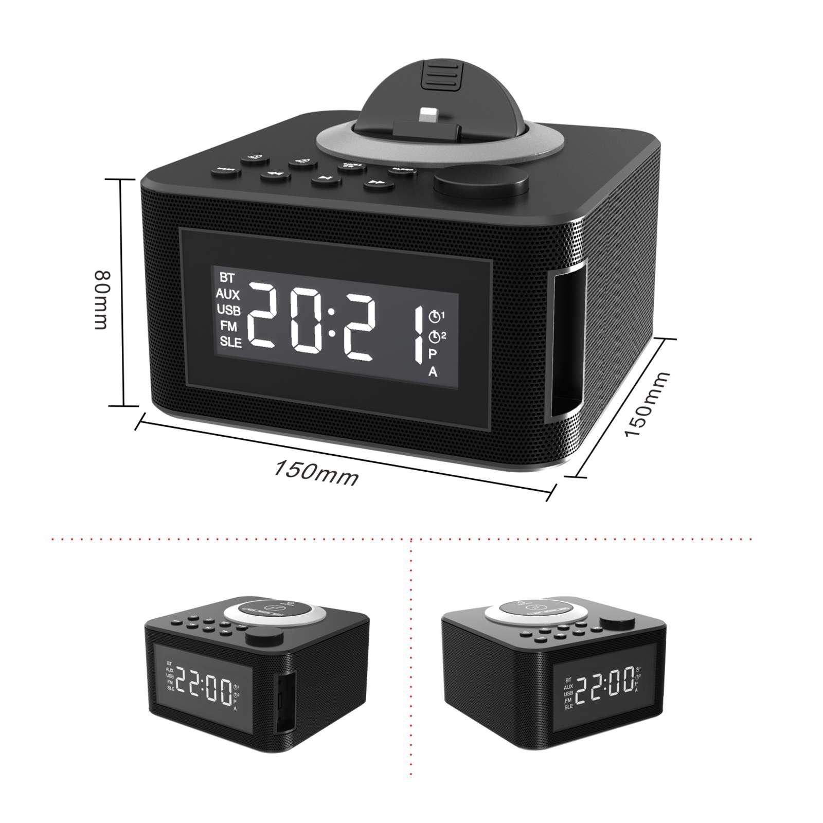 Schwarzer digitaler Wecker mit Anzeige 20:21. Er hat Knöpfe und eine obere Dockingstation. Abmessungen sind angegeben.