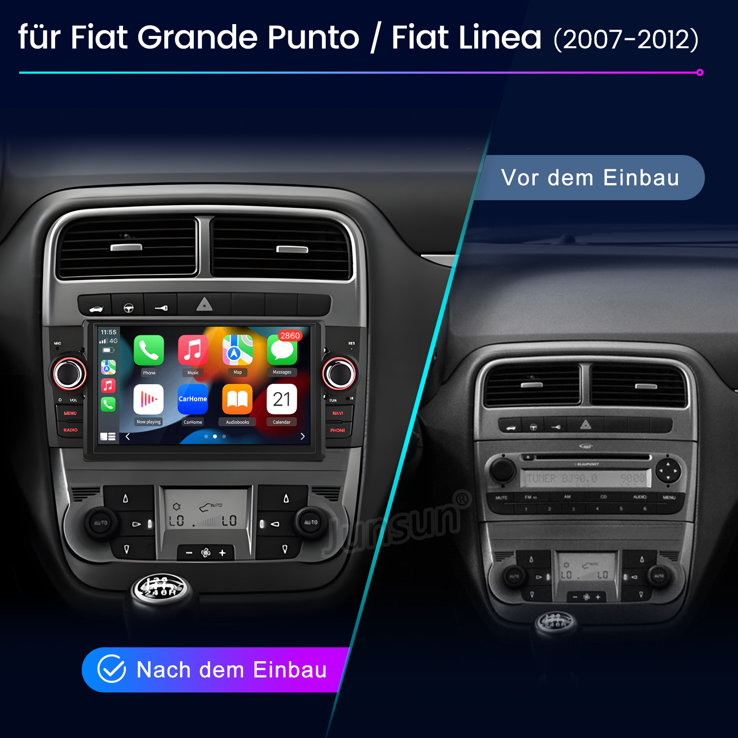 Das Bild zeigt das Armaturenbrett eines Autos vor und nach der Modifikation. Links das neue Multimediasystem, rechts das alte Radio.