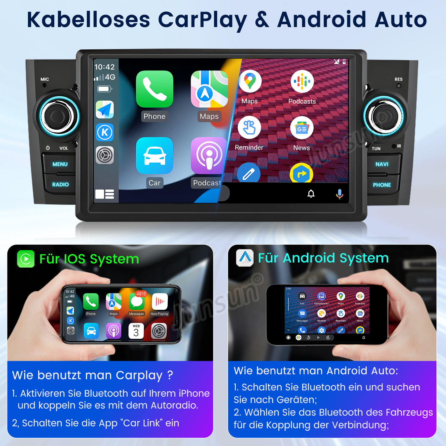 Autoradio mit Touchscreen, der App-Symbole anzeigt. Unten zeigen zwei Telefone CarPlay- und Android Auto-Setups mit Anweisungen.