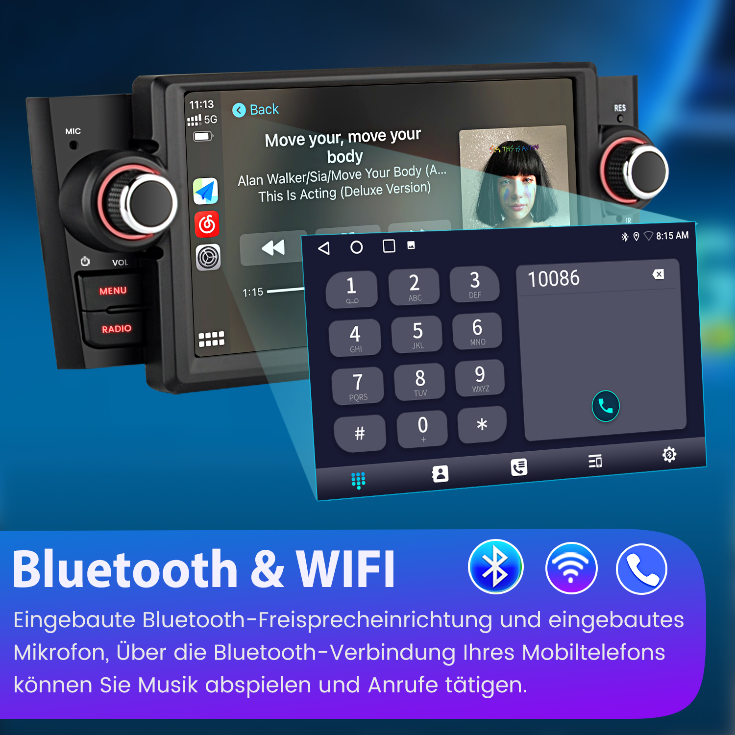 Autoradio-Bildschirm mit Musik, Wähltasten und Bluetooth/WLAN-Symbolen. Der Bildschirm zeigt eine Telefonnummer und Songinfo.