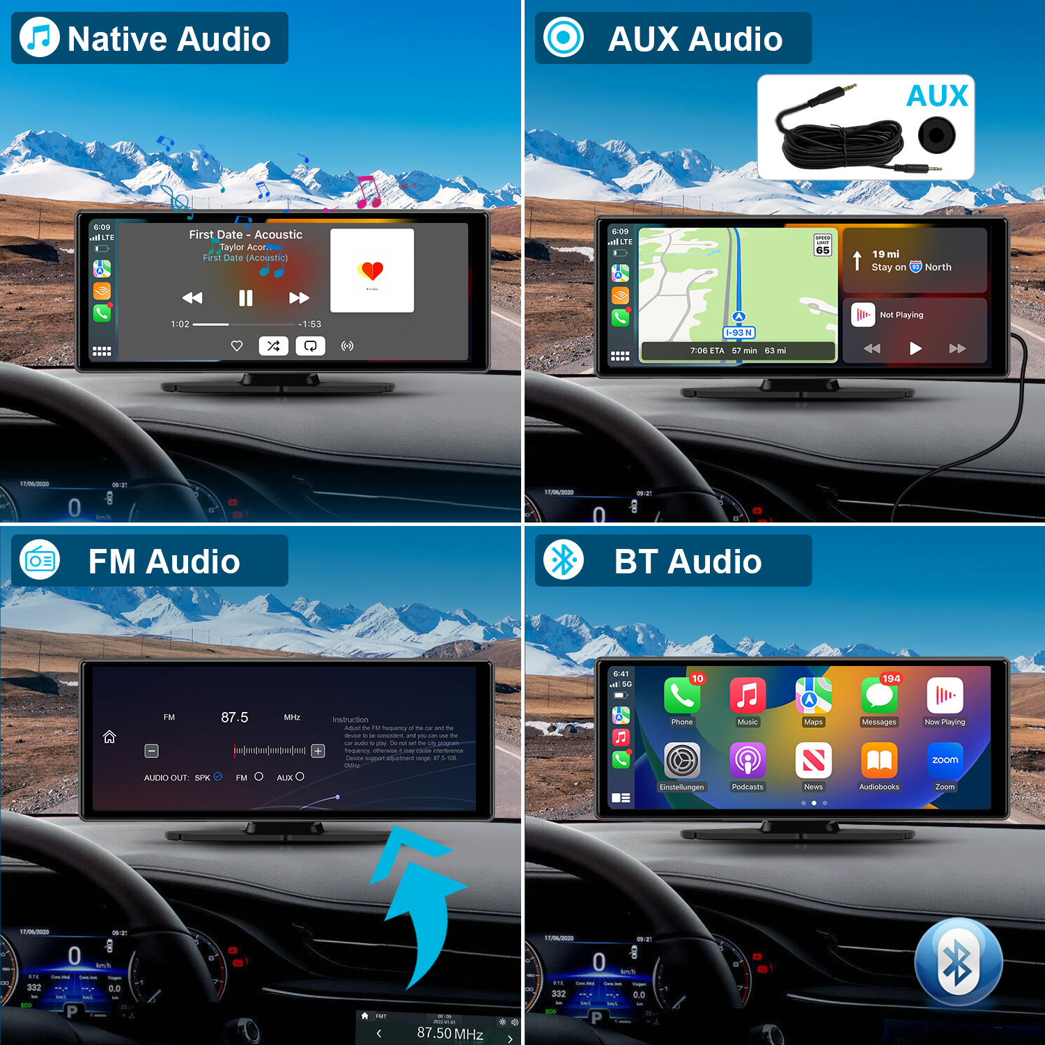 Das Armaturenbrett des Autos zeigt vier Audiooptionen: Native, AUX, FM und BT. Jede zeigt eine andere Oberfläche und Information.