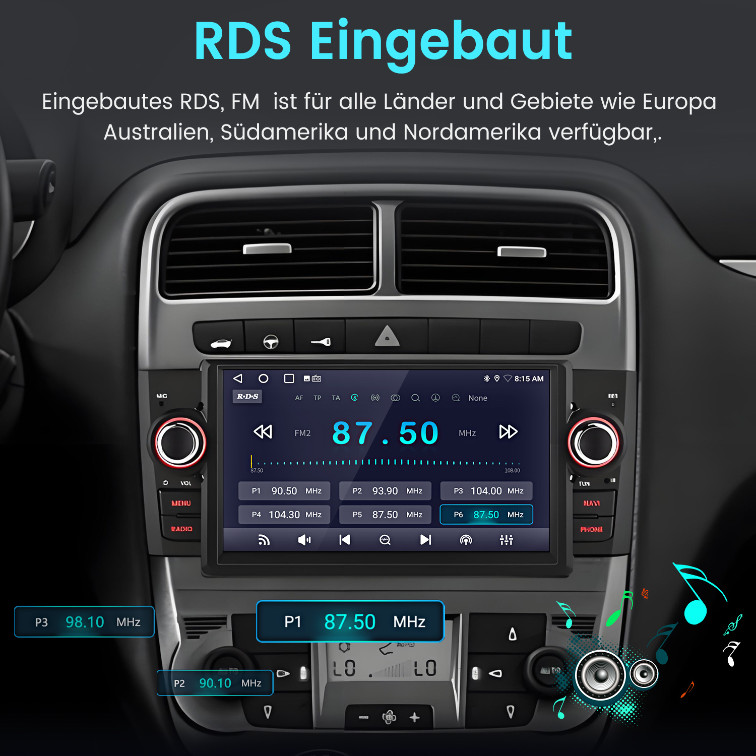 Autoradio mit FM-Radio-Anzeige. Zeigt die Frequenz 87,50 MHz an. RDS Eingebaut Text oben. Knöpfe und Regler sind sichtbar.