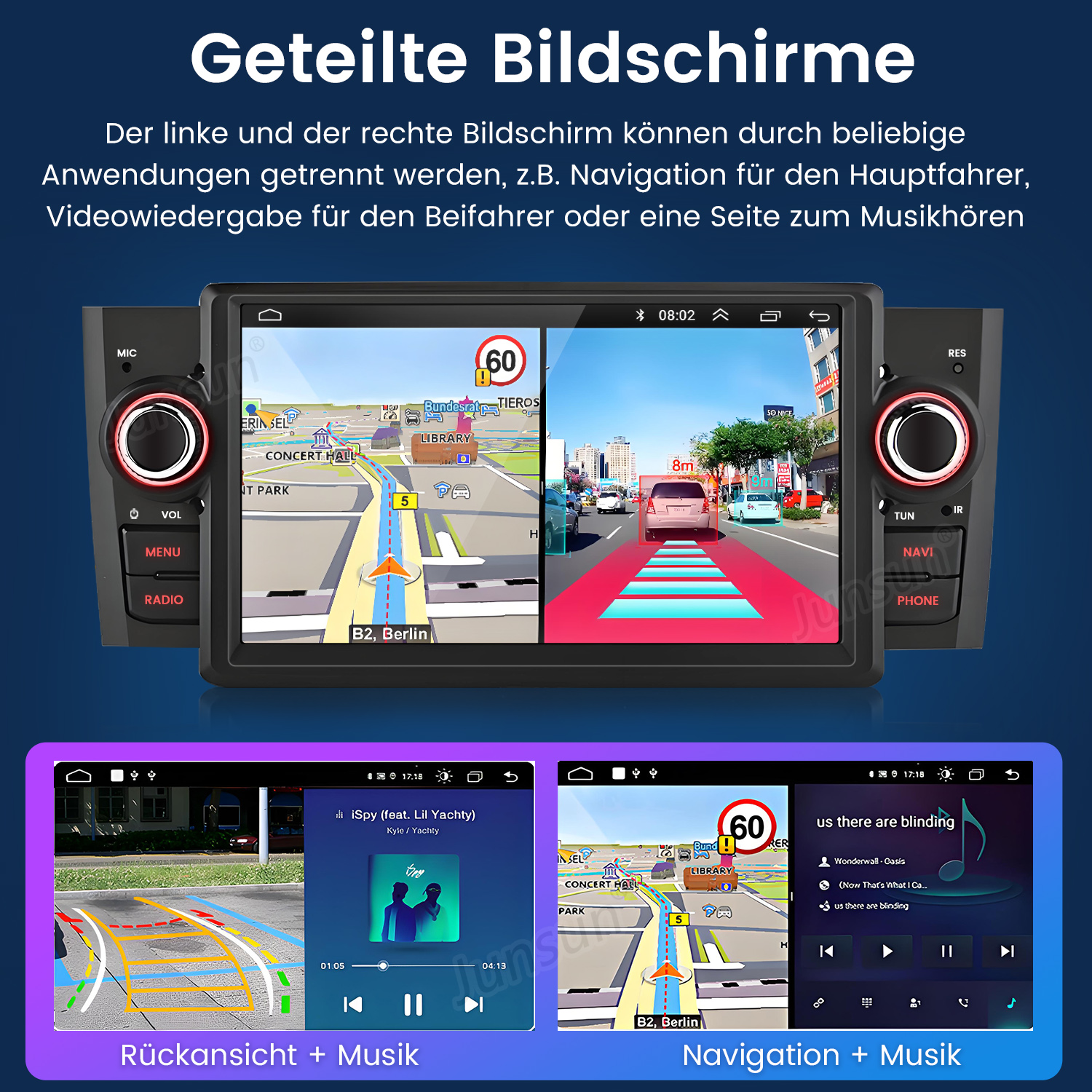 Auto-Multimedia-System, das Navigation und Musik anzeigt. Zeigt einen geteilten Bildschirm mit Navigation und Musikwiedergabe.