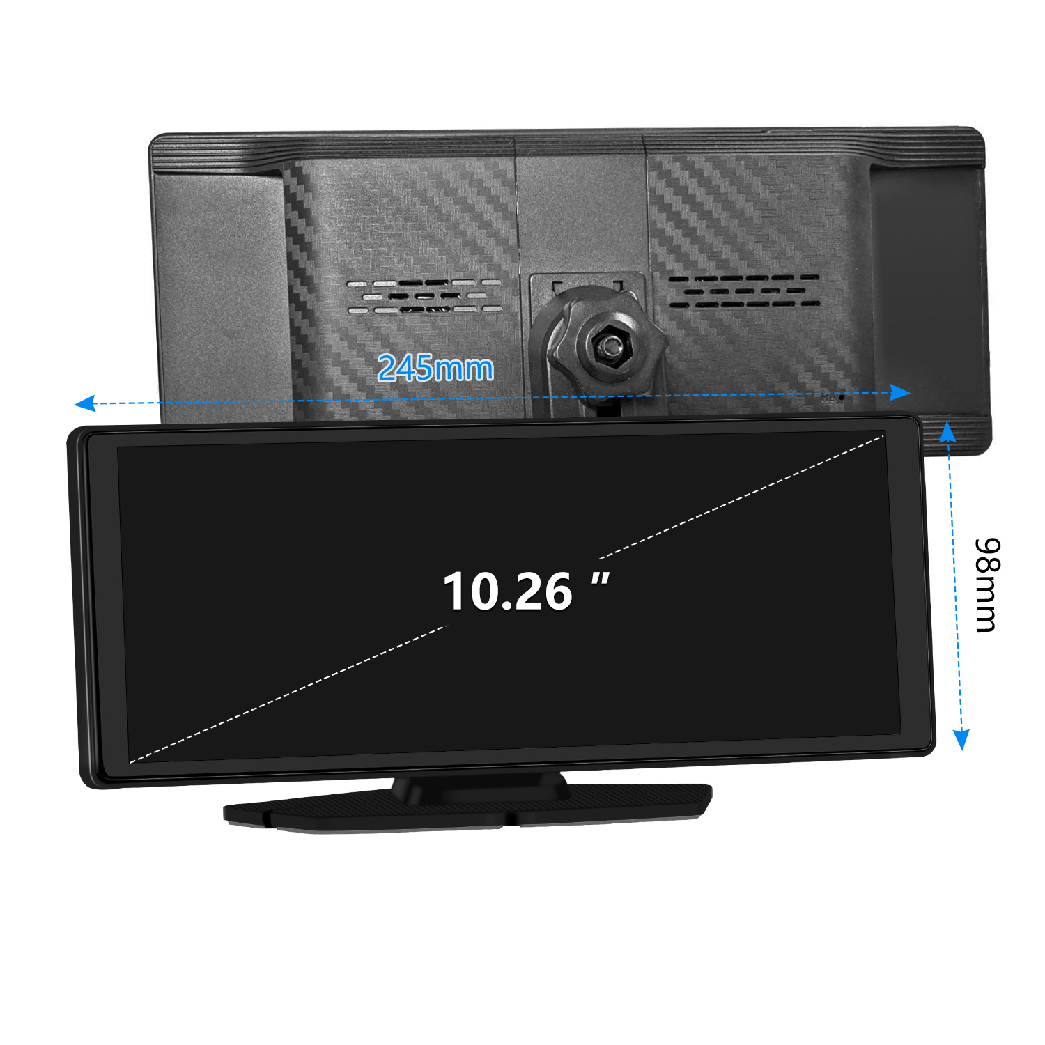 Czarny monitor samochodowy z ekranem 10,26 cala, wymiary opisane. Monitor jest zamontowany na wsporniku, z wymiarami 245 mm i 98 mm.