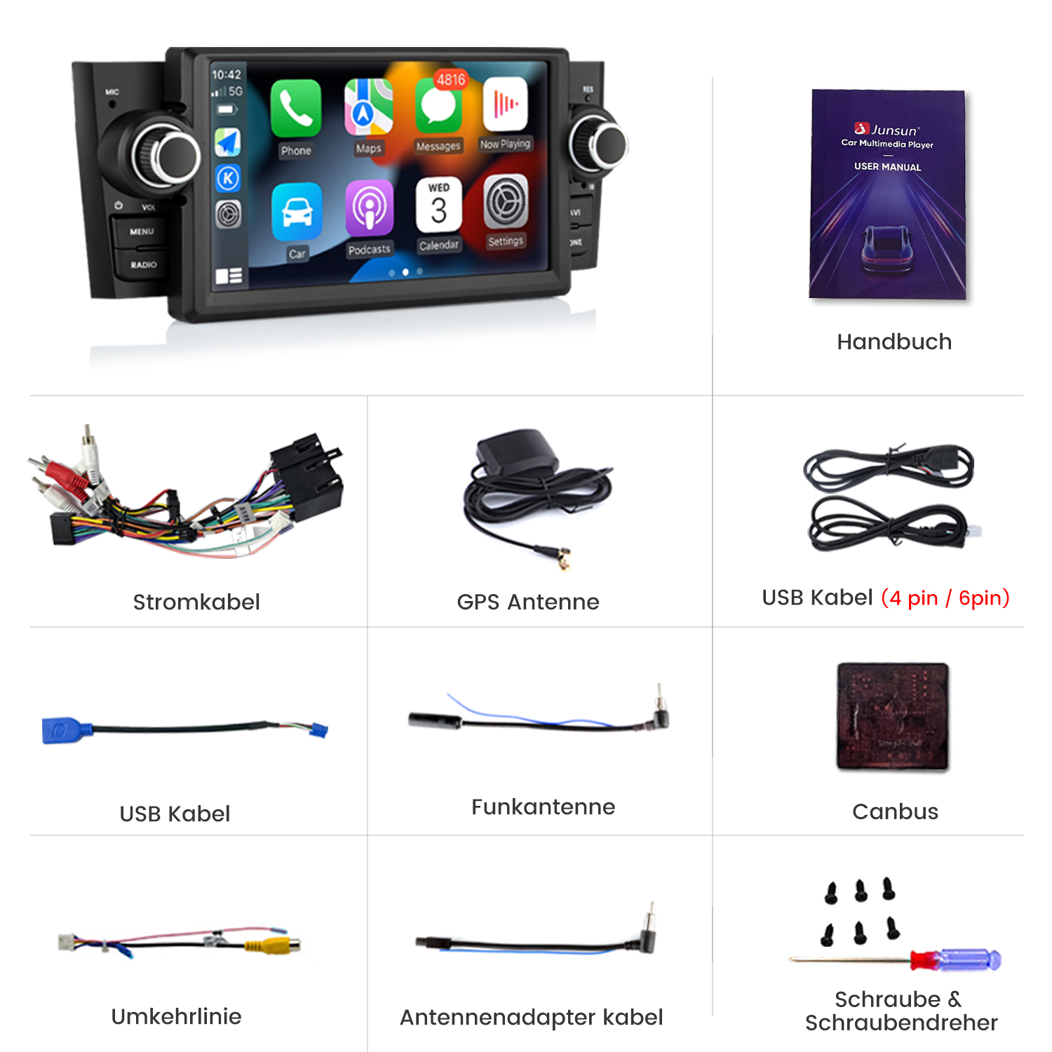 Auto-Multimedia-Player mit Handbuch, Kabeln, Antenne und kleinen Werkzeugen. Beinhaltet einen Bildschirm mit Apps und Uhrzeit.