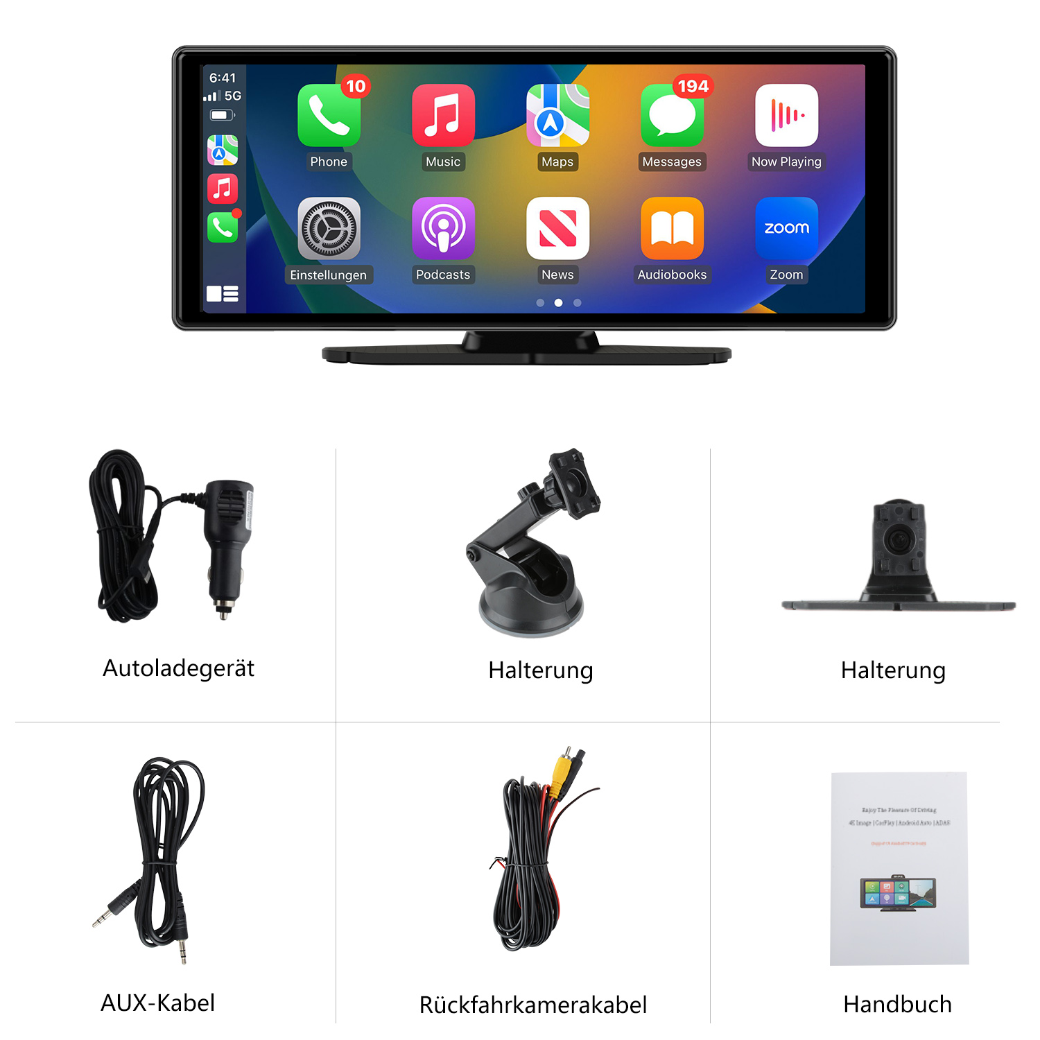 Obraz systemu multimedialnego do samochodu z różnymi komponentami: ładowarka, uchwyt, kabel AUX, kabel kamery cofania i instrukcja obsługi.