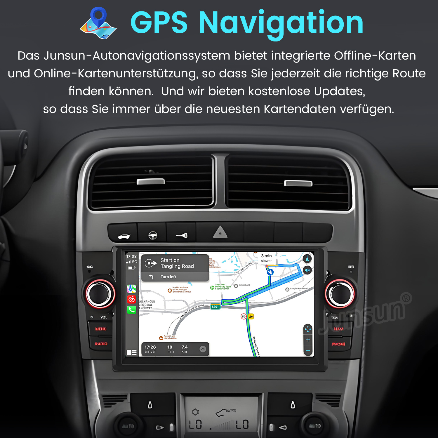 Autoinstrumententafel mit GPS-Navigationsbildschirm, der eine Karte anzeigt. Knöpfe und Bedienelemente sind sichtbar.