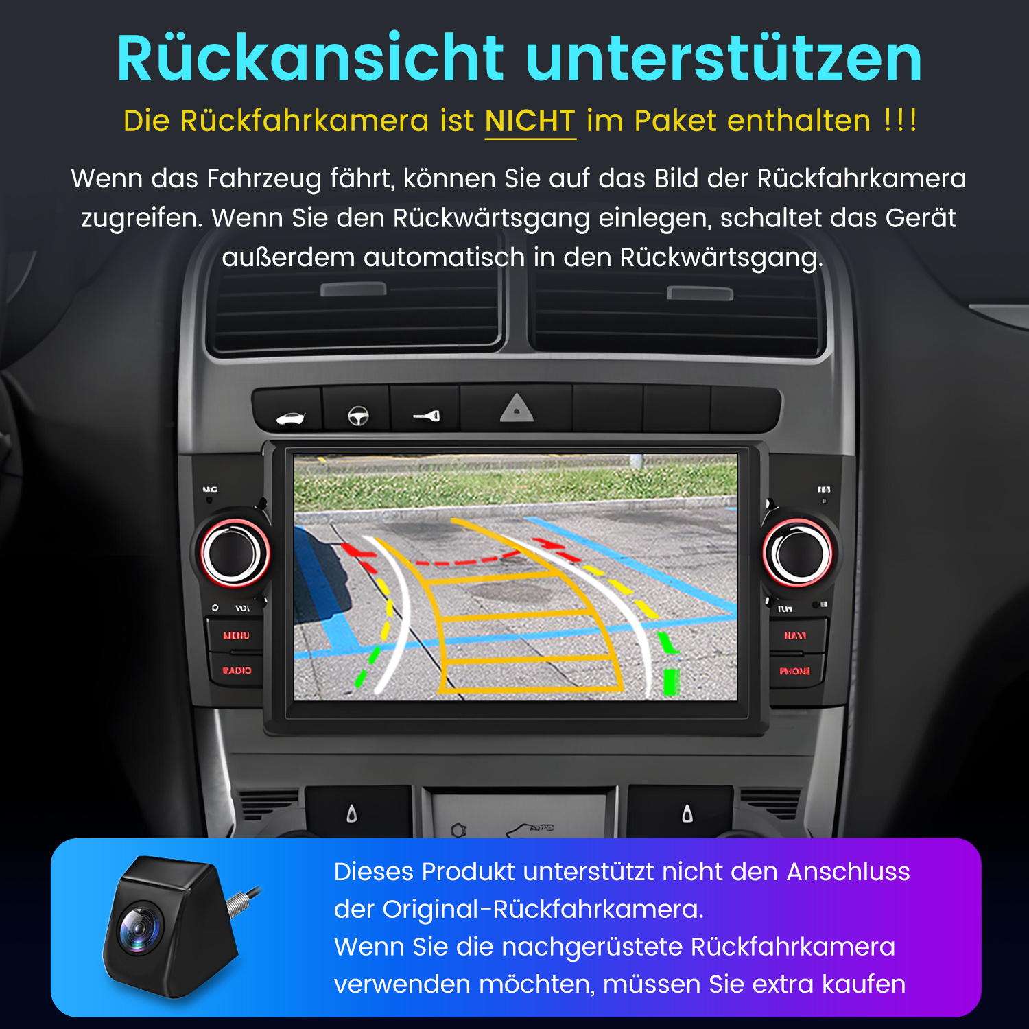 Autotafel mit Bildschirm, der eine Rückfahrkameransicht anzeigt. Bedienelemente und eine kleine Kamera sind ebenfalls sichtbar.