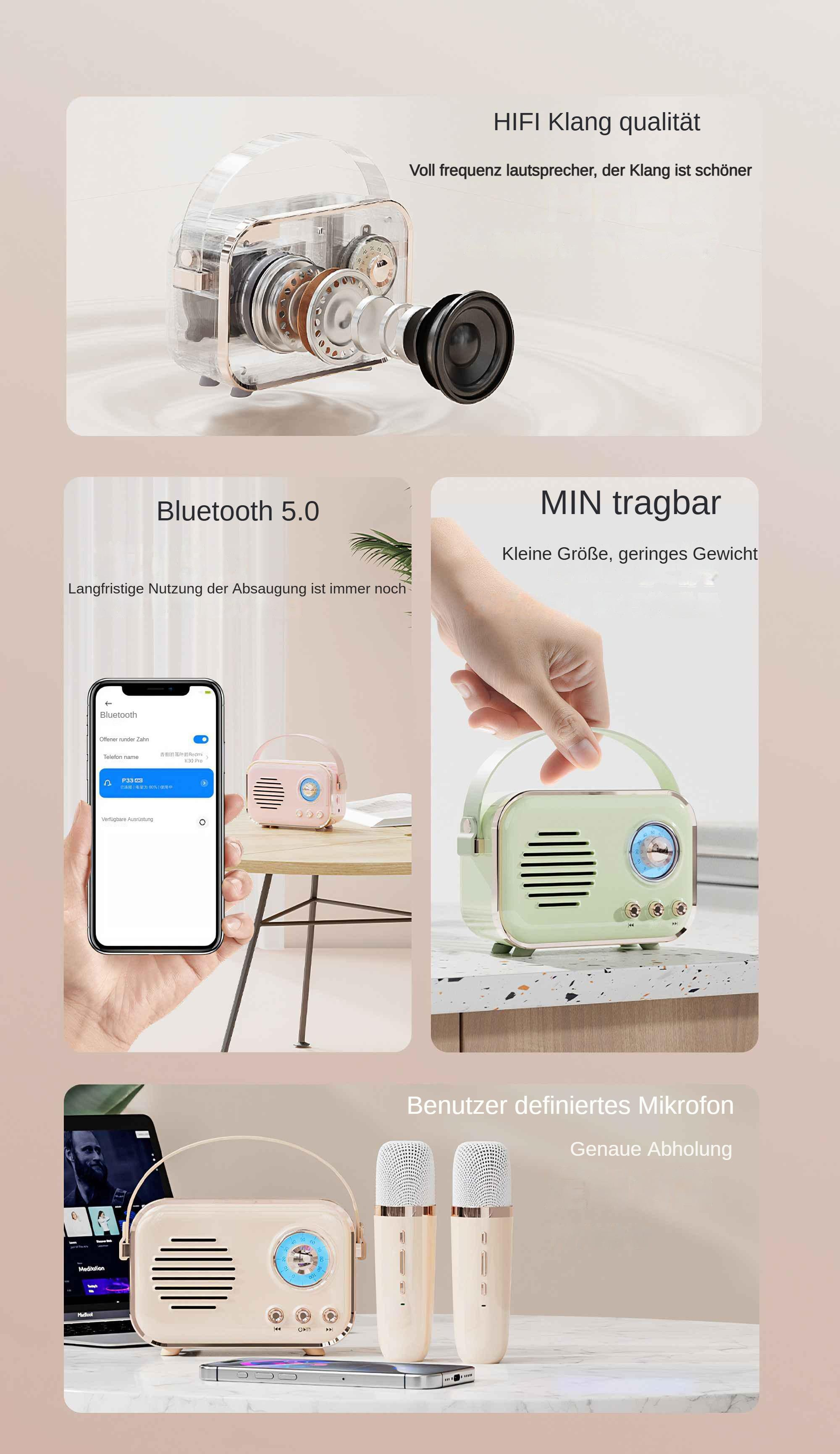 Werbung mit Lautsprecher, Mikrofonen und Telefon. Text in Deutsch beschreibt Funktionen wie Bluetooth und Tragbarkeit.