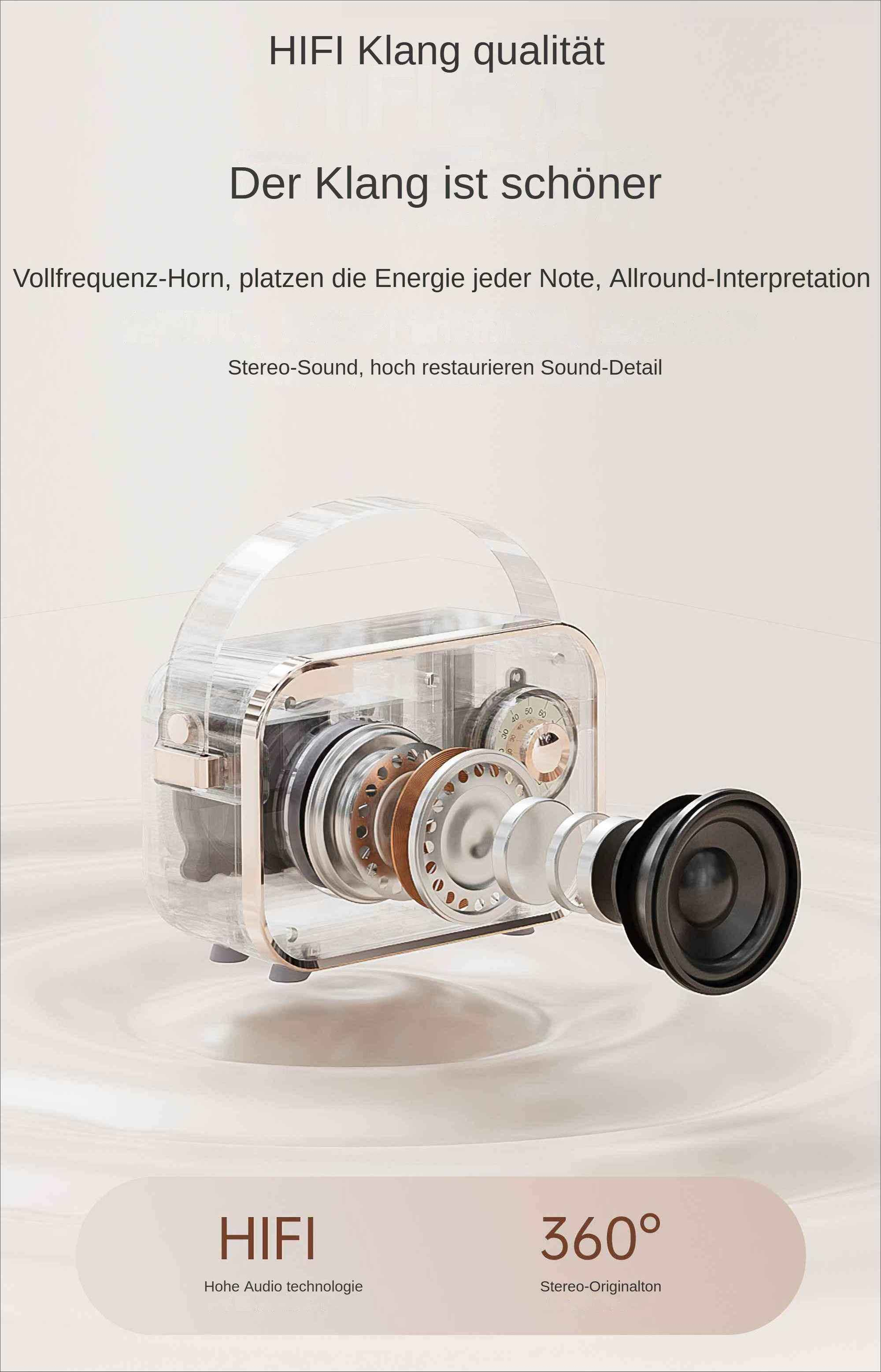 Explosionsansicht eines transparenten Lautsprechers. Er hat eine 360-Grad-Klangfunktion und HiFi-Audiotechnologie.