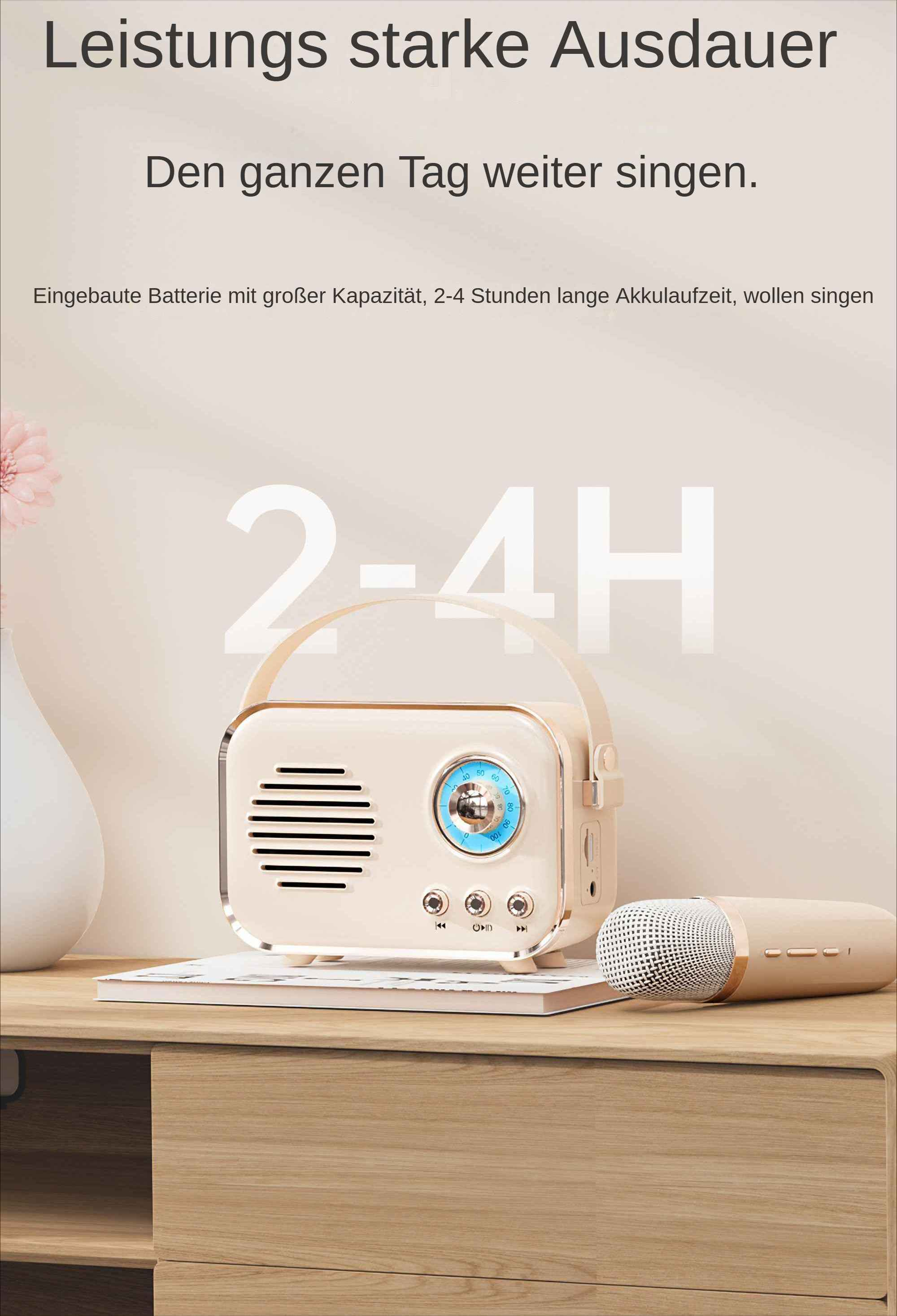 Ein beigefarbenes Retro-Radio und ein Mikrofon auf einer Holzoberfläche. Text auf Deutsch ist ebenfalls vorhanden.