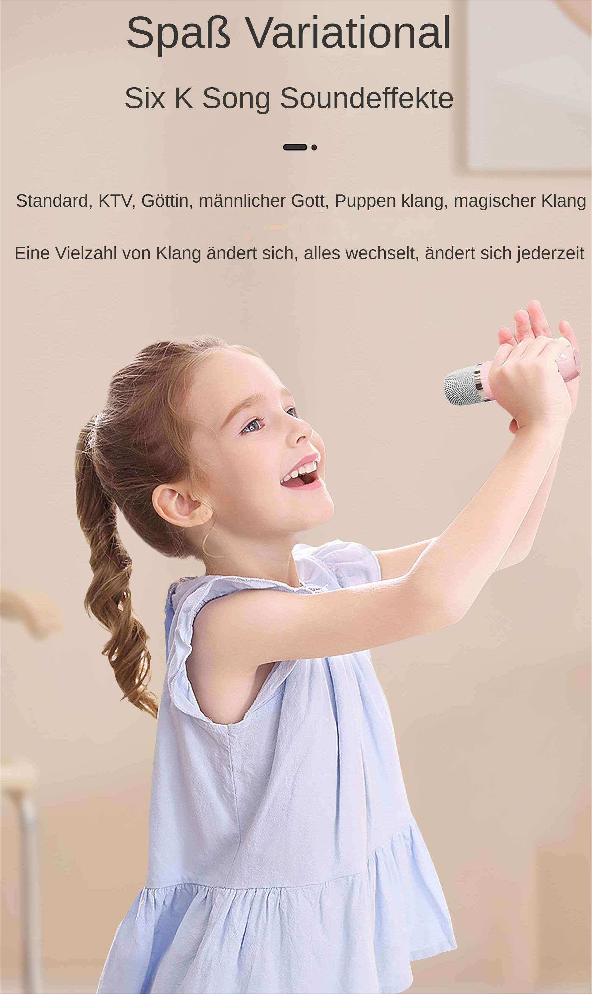 Ein Mädchen hält ein rosa Mikrofon und lächelt. Der Text oben lautet 'Spaß Variational'.