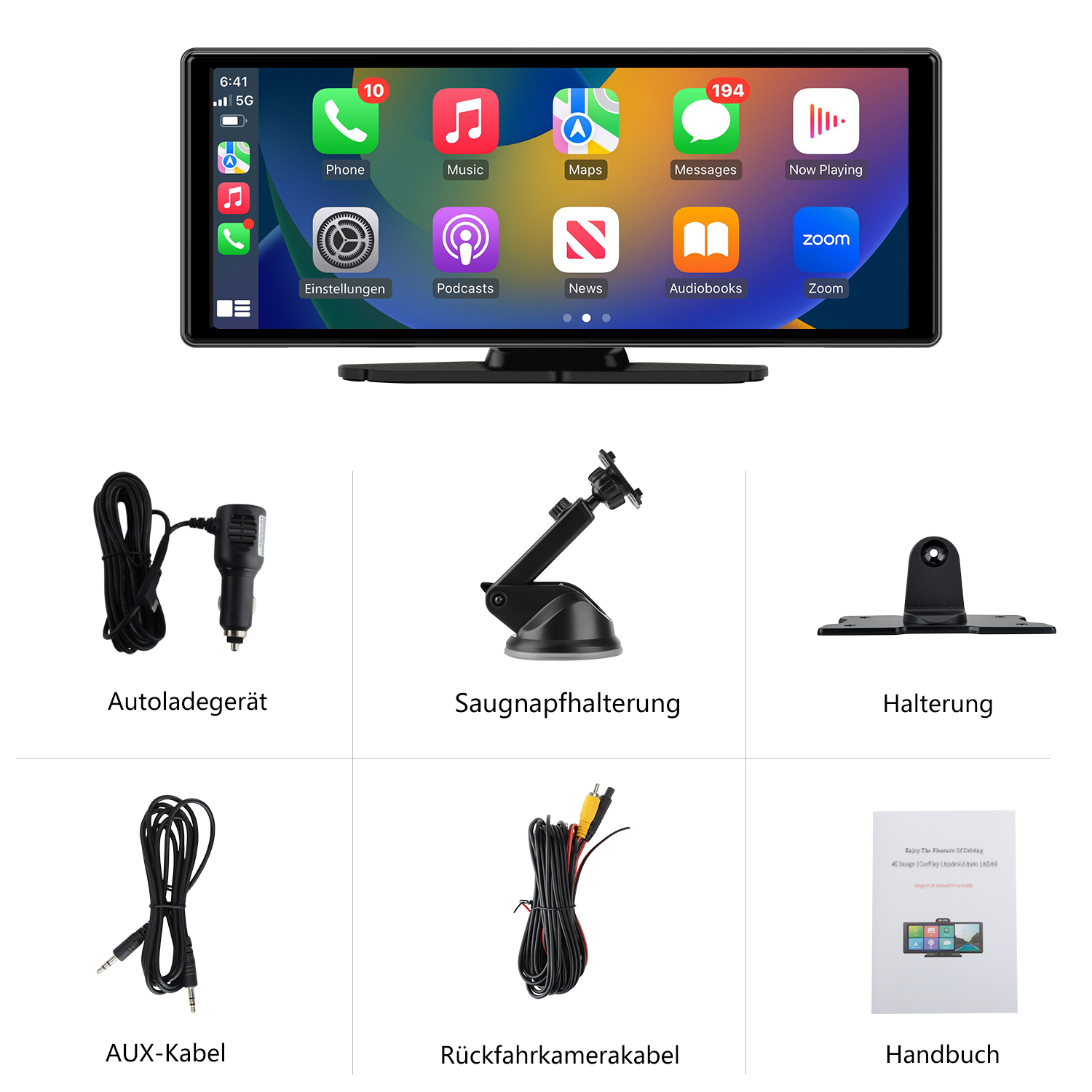 Car-Multimedia-System-Display mit Telefon-, Musik-, Karten-, Nachrichten-Symbolen und Zubehör wie Kabel und Handbuch.