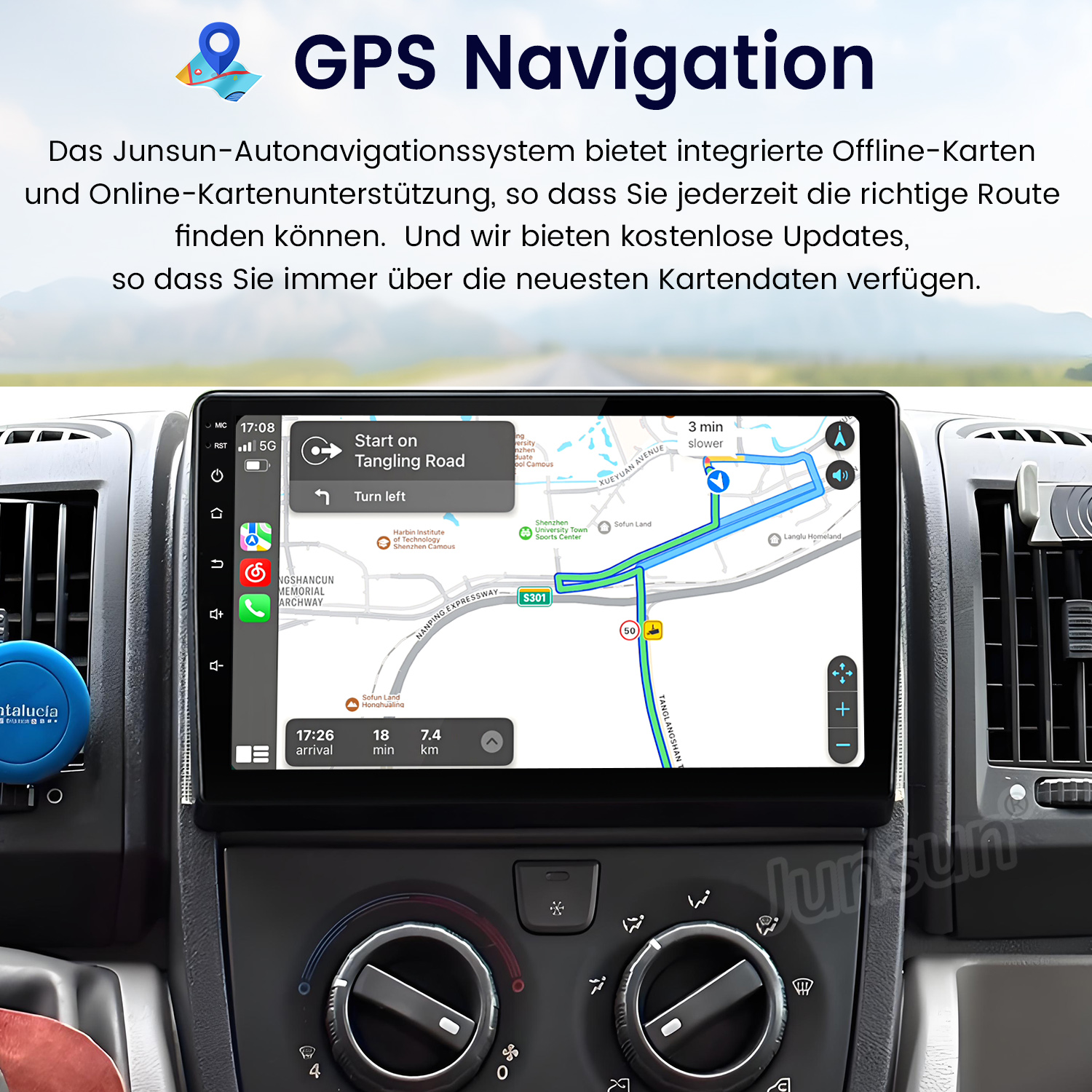 Auto-Navigationsbildschirm zeigt Karte mit Routenführung. Knöpfe und Regler sind im Auto-Innenraum sichtbar.