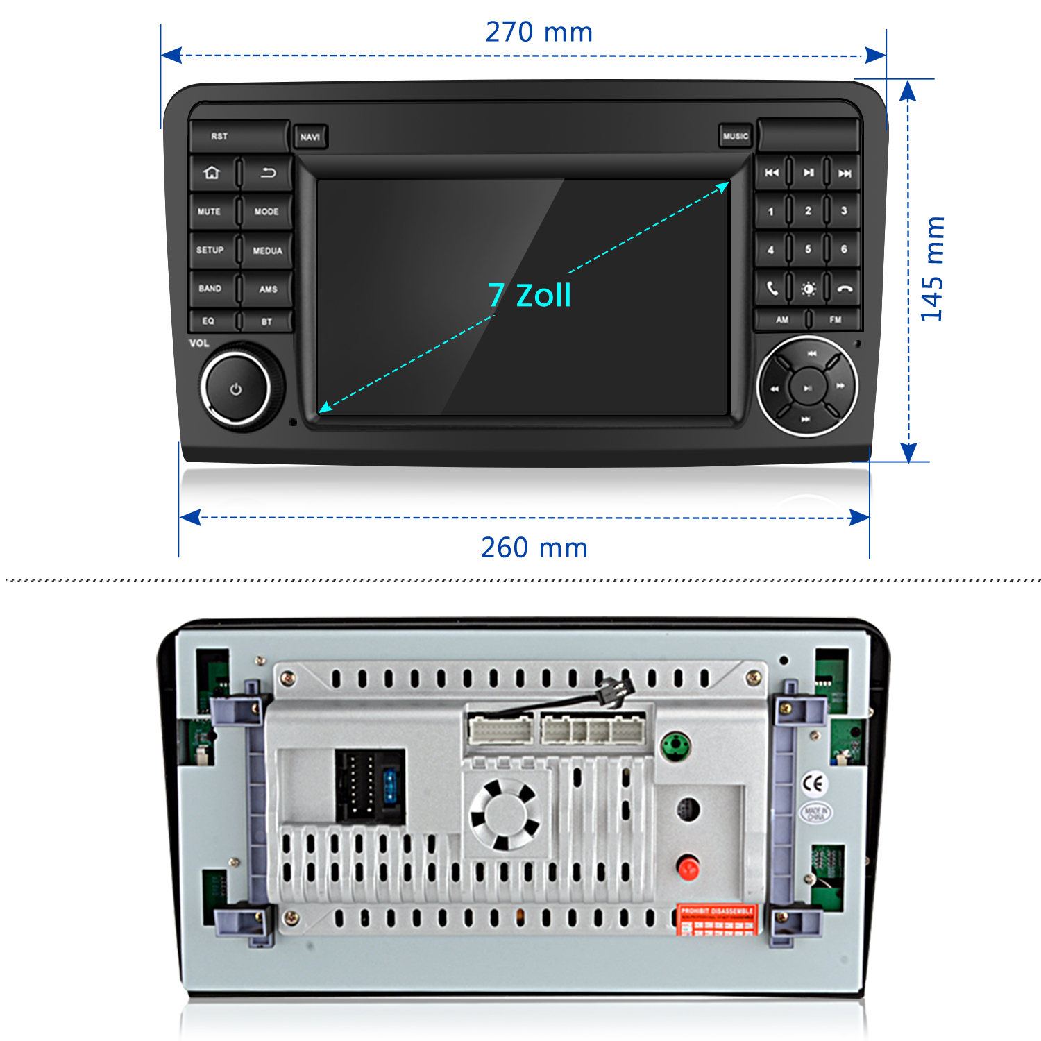 Autoradio mit 7-Zoll-Bildschirm, Knöpfen und Maßangaben. Die Rückseite zeigt Anschlüsse und Komponenten.