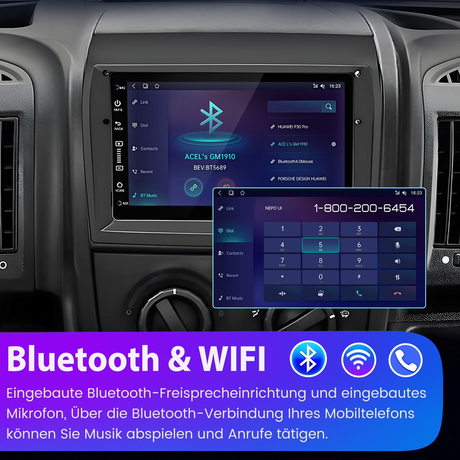 Auto-Infotainmentsystem zeigt Bluetooth-Verbindungsoptionen und ein Wähltastenfeld für Telefonanrufe mit Bluetooth- und Wi-Fi-Logo.